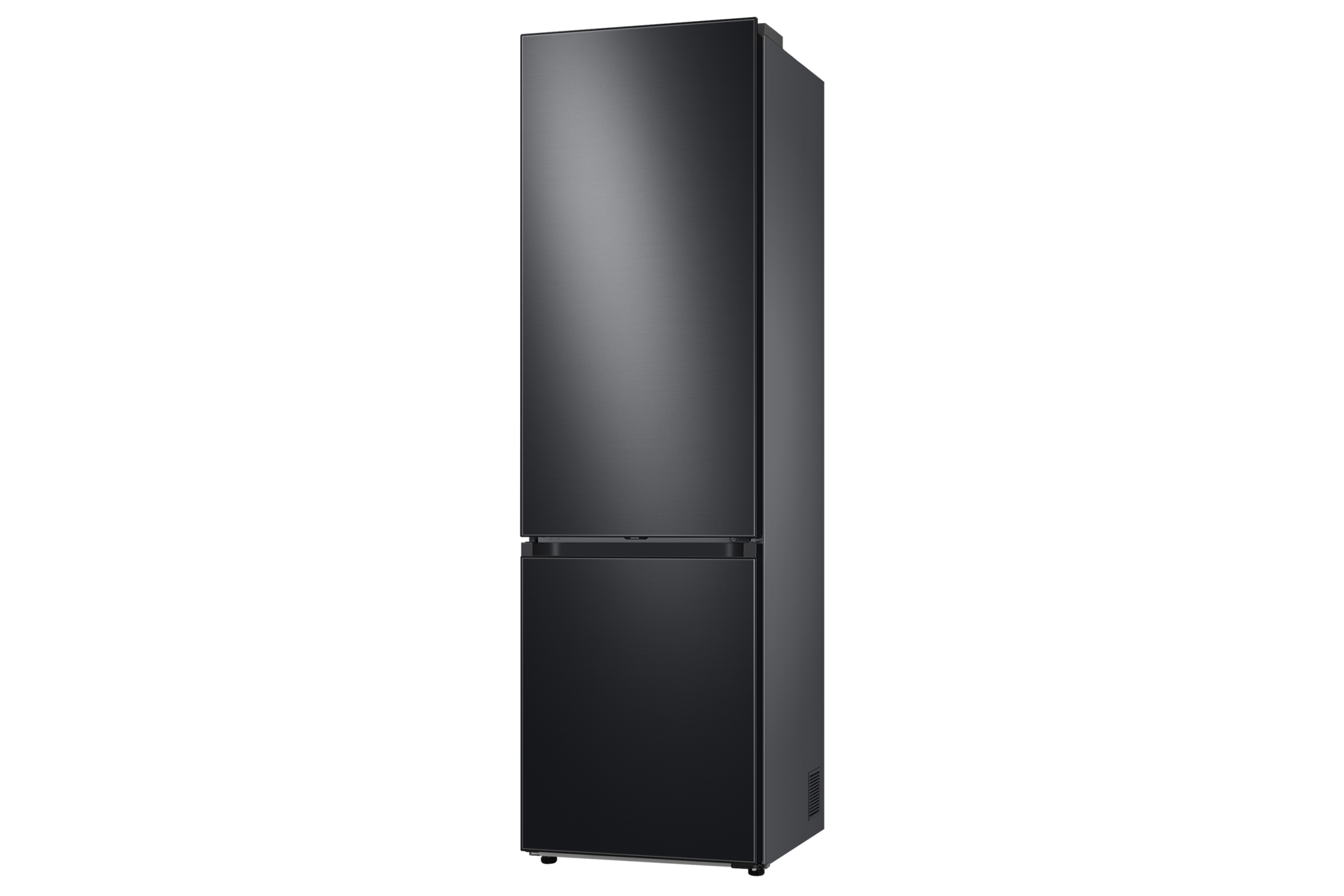 Schwarzer Kühlschrank auf schwarzem Hintergrund, mit zwei Türen.