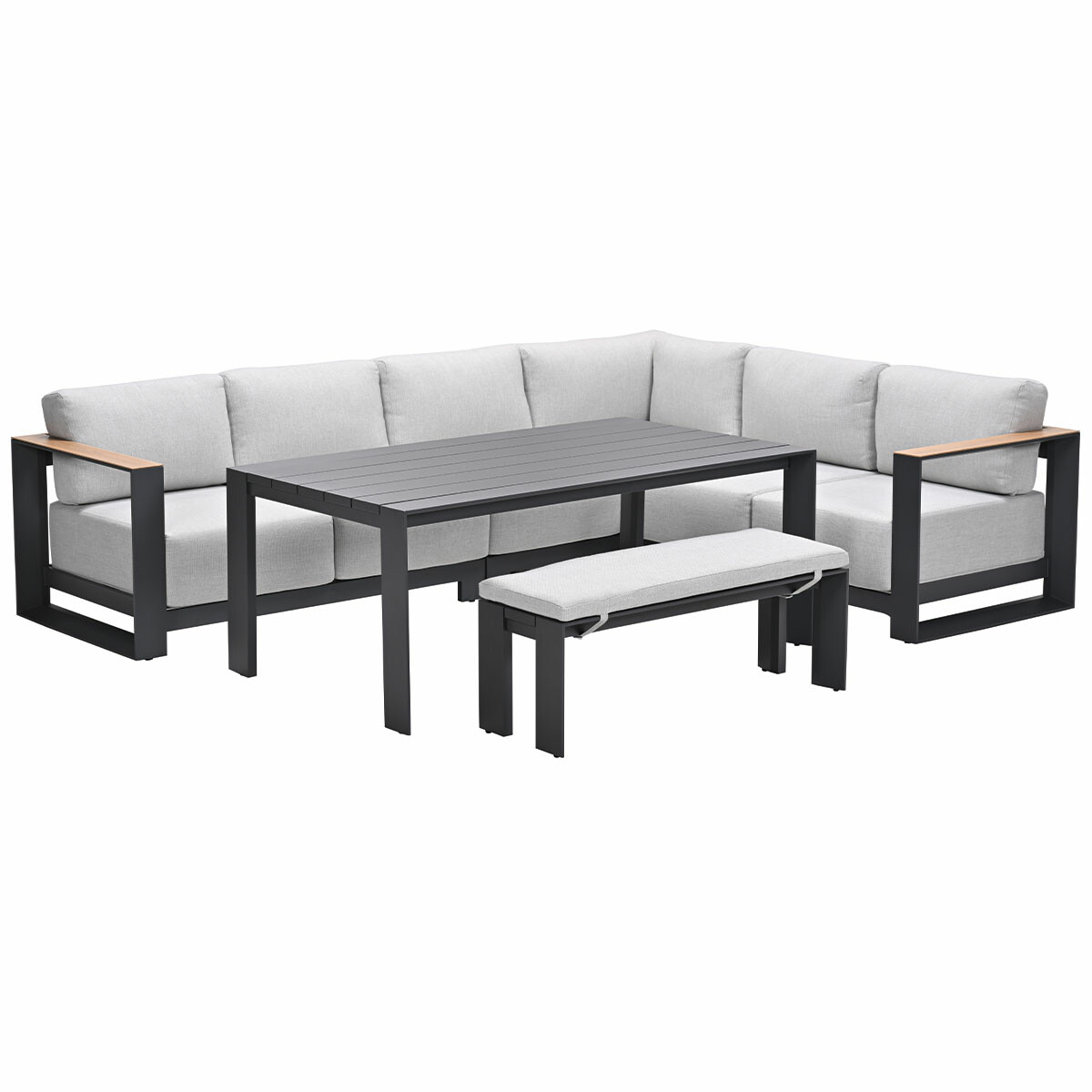 A gray outdoor furniture set: a corner sofa, a table, and a bench.