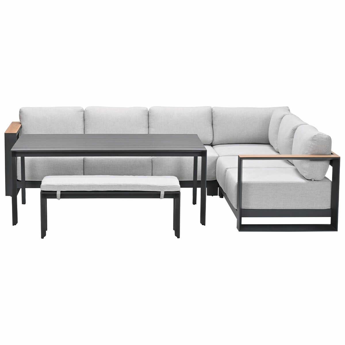 A modern outdoor seating arrangement with a sofa, table, and bench. The set is gray and has light cushions.