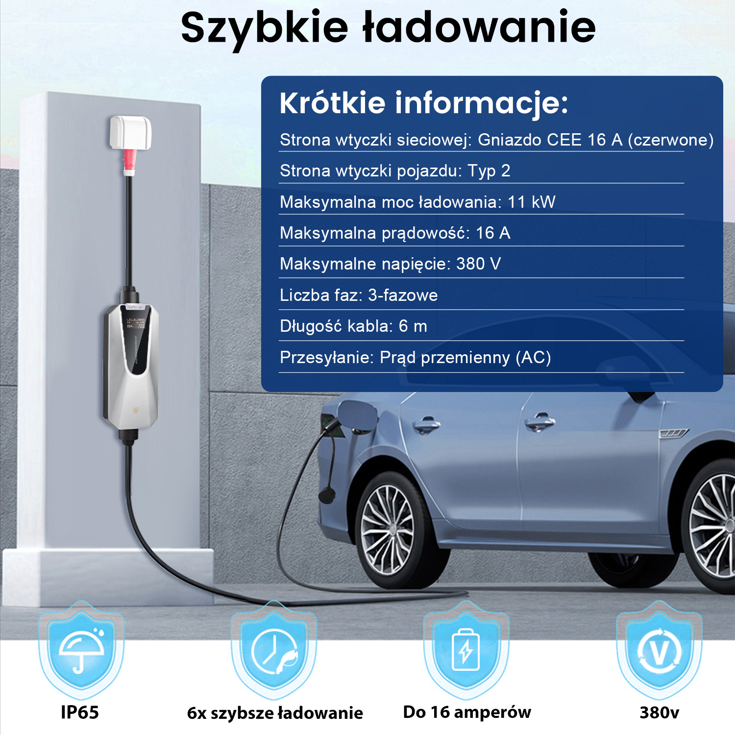 Ładowarka EV ze szczegółami dotyczącymi prędkości ładowania, napięcia i długości kabla.