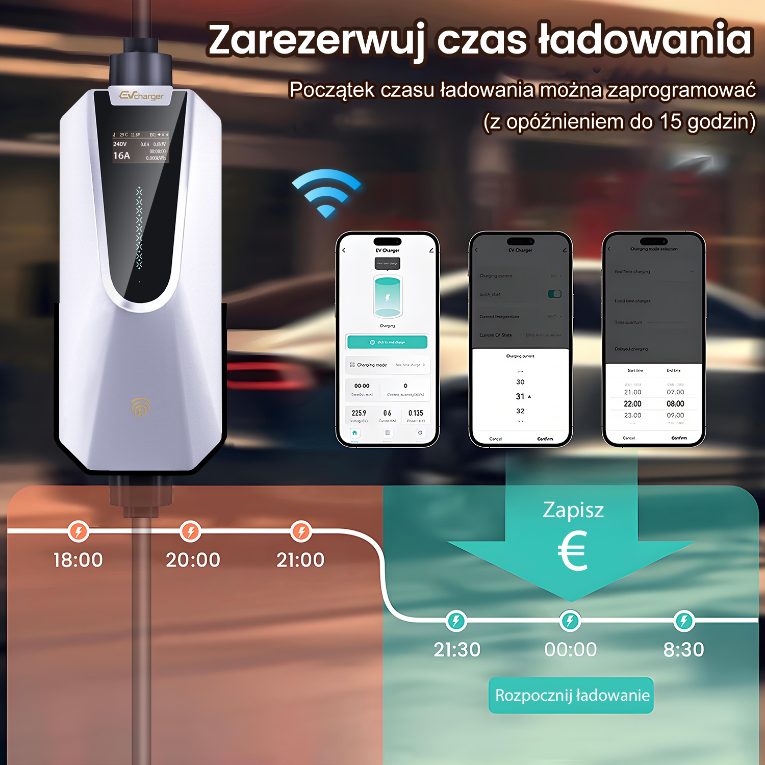 Ładowarka EV pokazująca harmonogram czasu ładowania na ekranie smartfona.