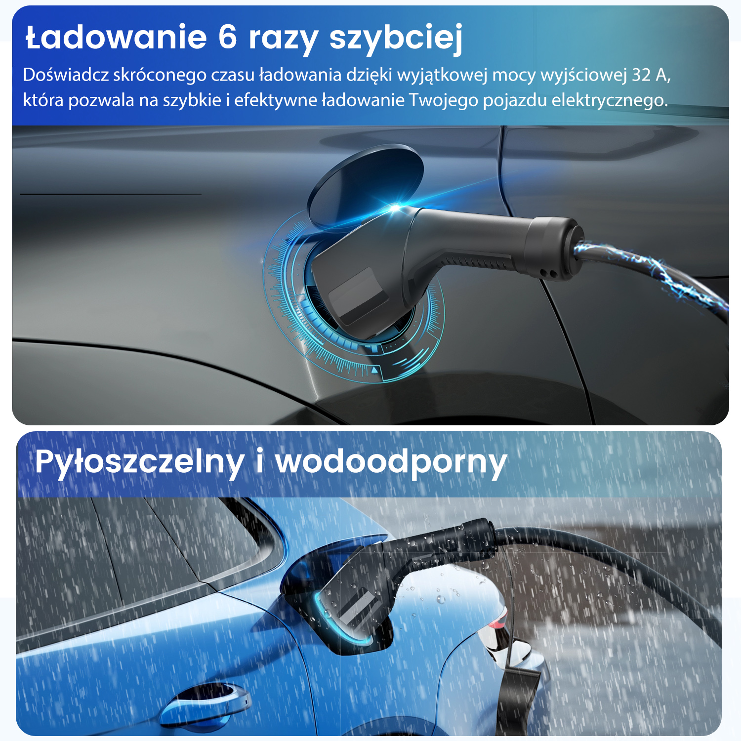 Kabel do ładowania EV podłączony do niebieskiego samochodu. Samochód ładuje się w deszczu, pokazując odporność na wodę.