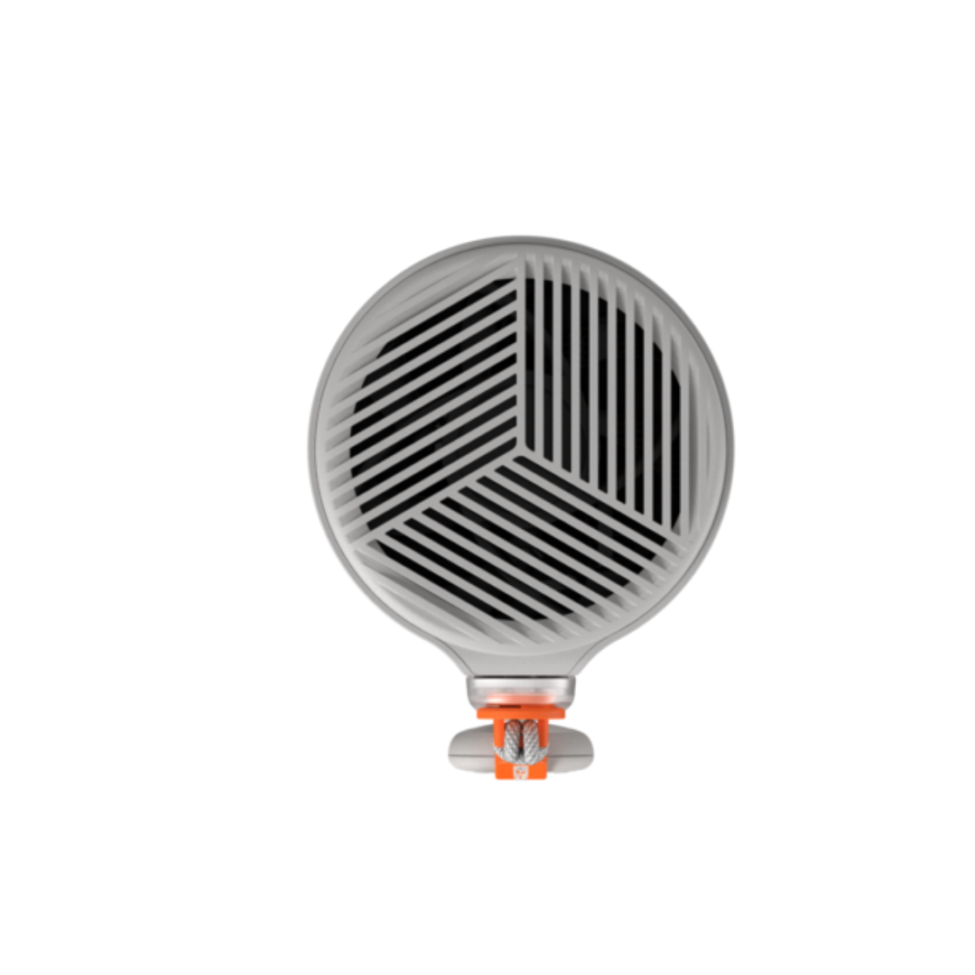 Szary obiekt w kształcie wachlarza z czarnymi paskami w środku. Na dole pomarańczowy klips.