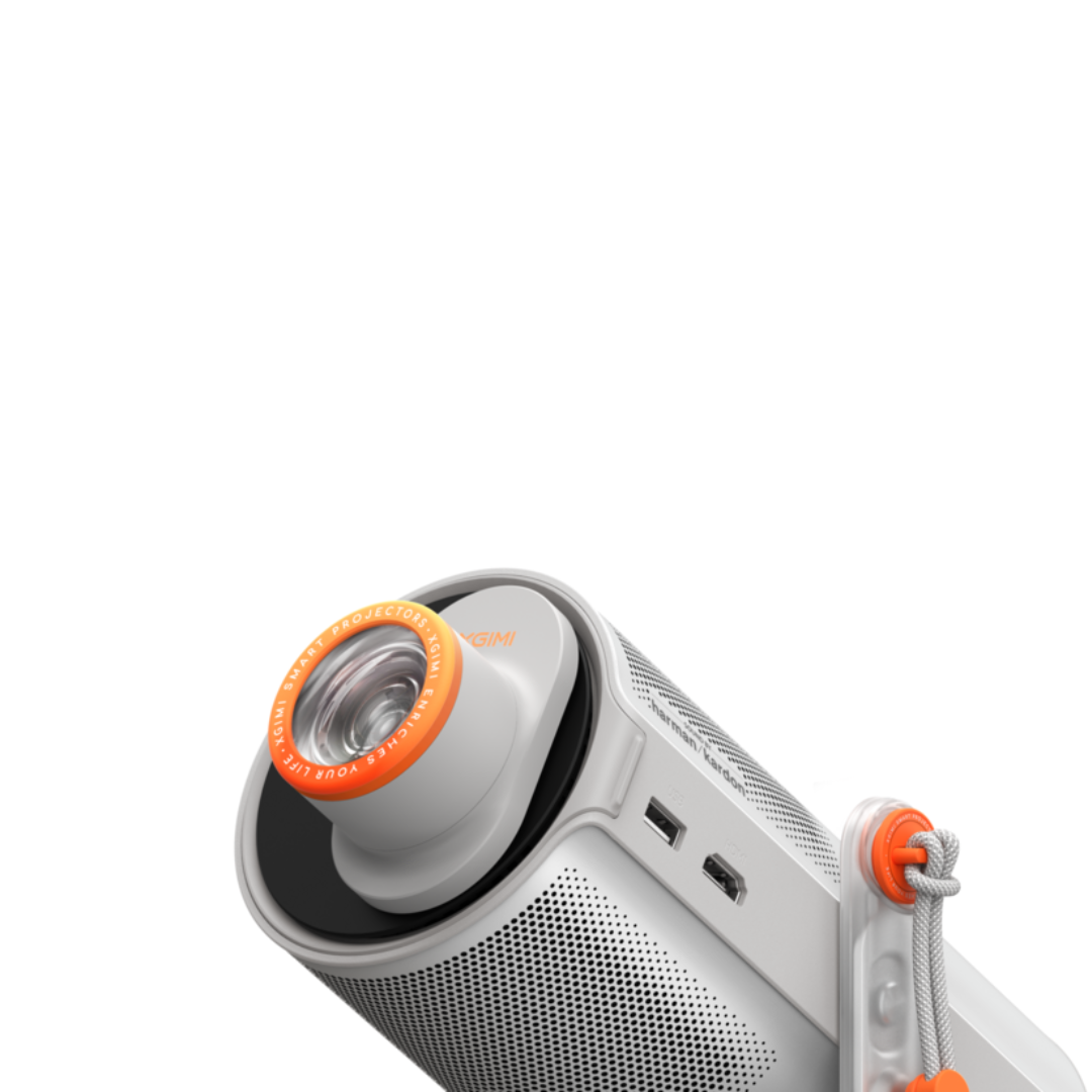 Projektor, biały, z pomarańczowymi akcentami. Obiektyw znajduje się z przodu. Ma uchwyt.