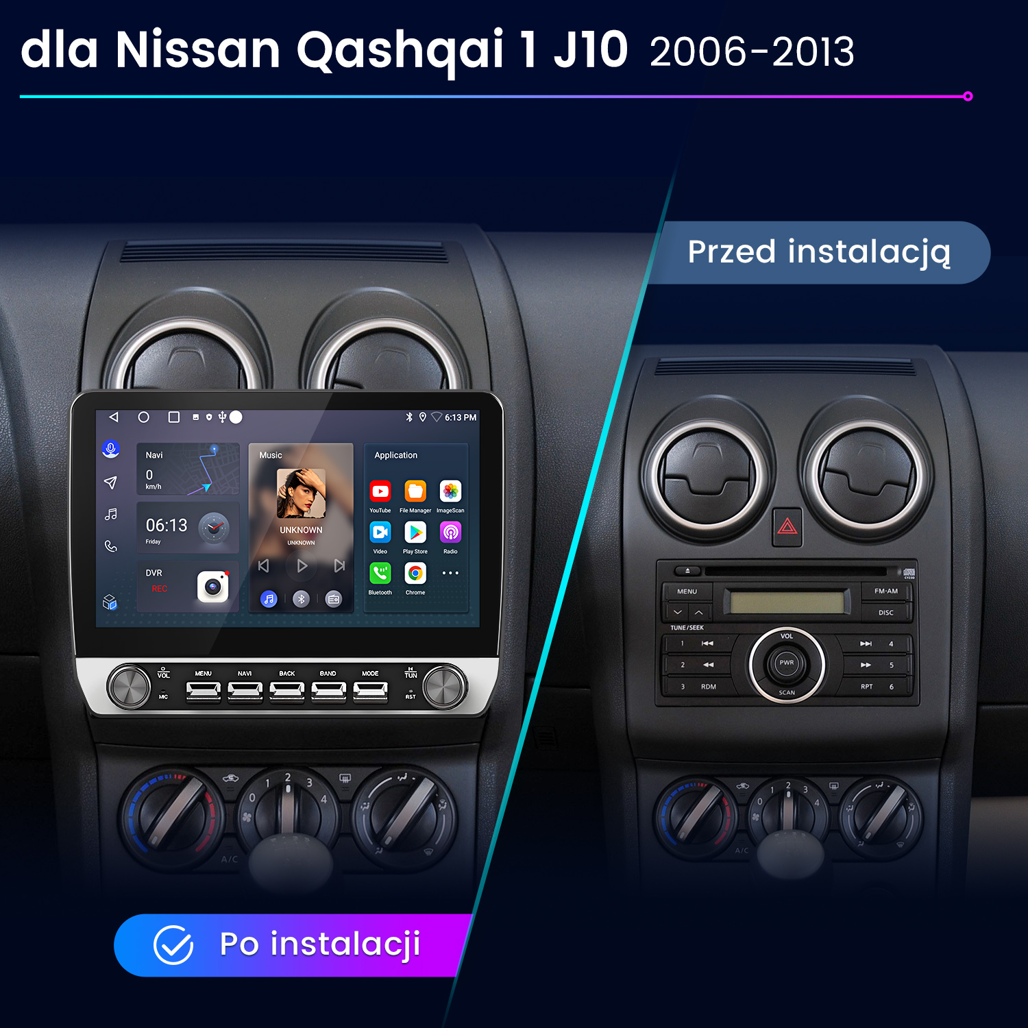 Deska rozdzielcza samochodu z nowym systemem infotainment, przed i po instalacji.