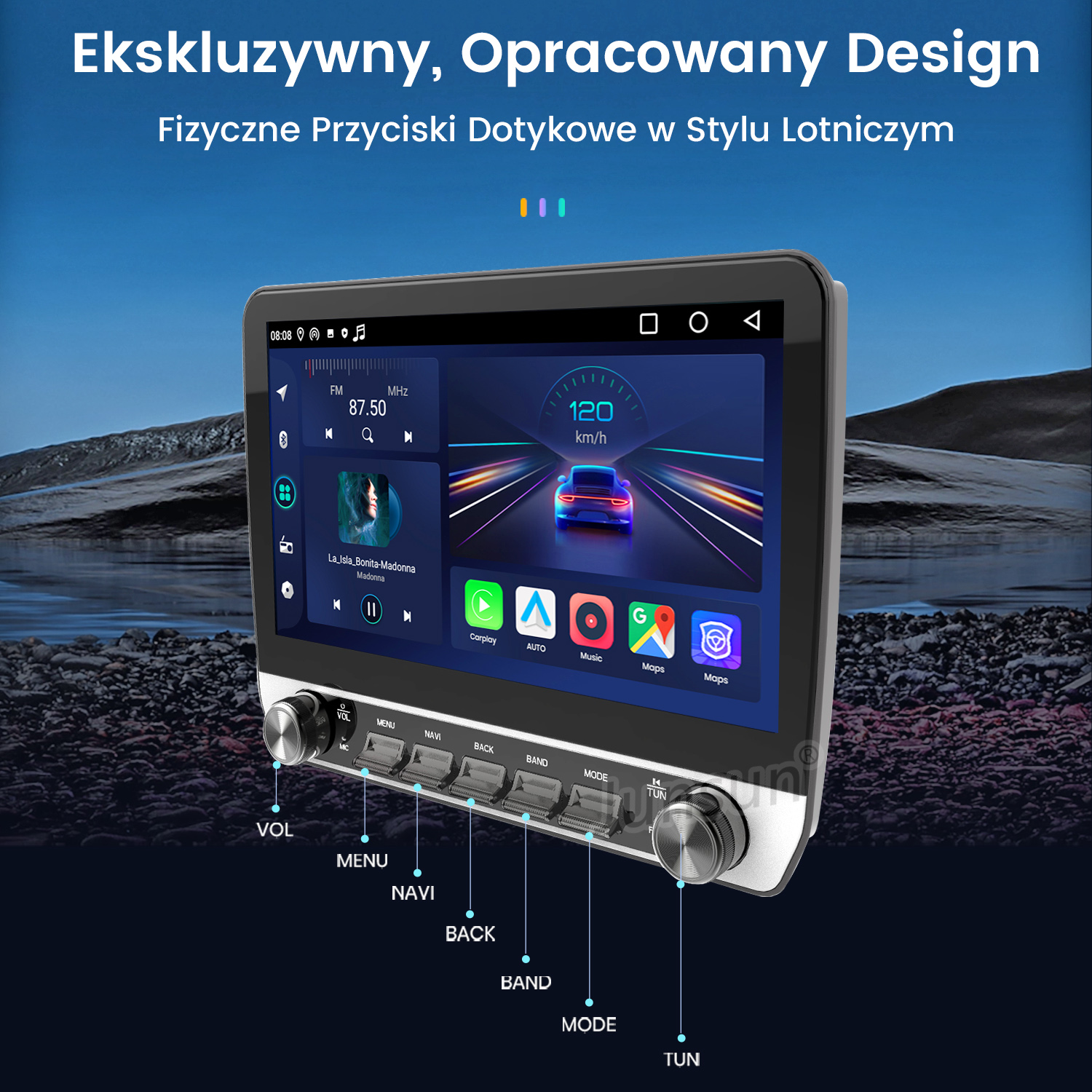 Ekran radia samochodowego wyświetlający mapę i elementy sterowania muzyką. Radio ma fizyczne przyciski. Samochód jest w ruchu.