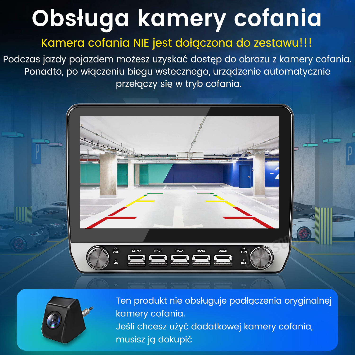 Monitor pokazuje widok parkingu z liniami prowadzącymi. Poniżej widoczna jest kamera. Tekst wyjaśnia cechy produktu.