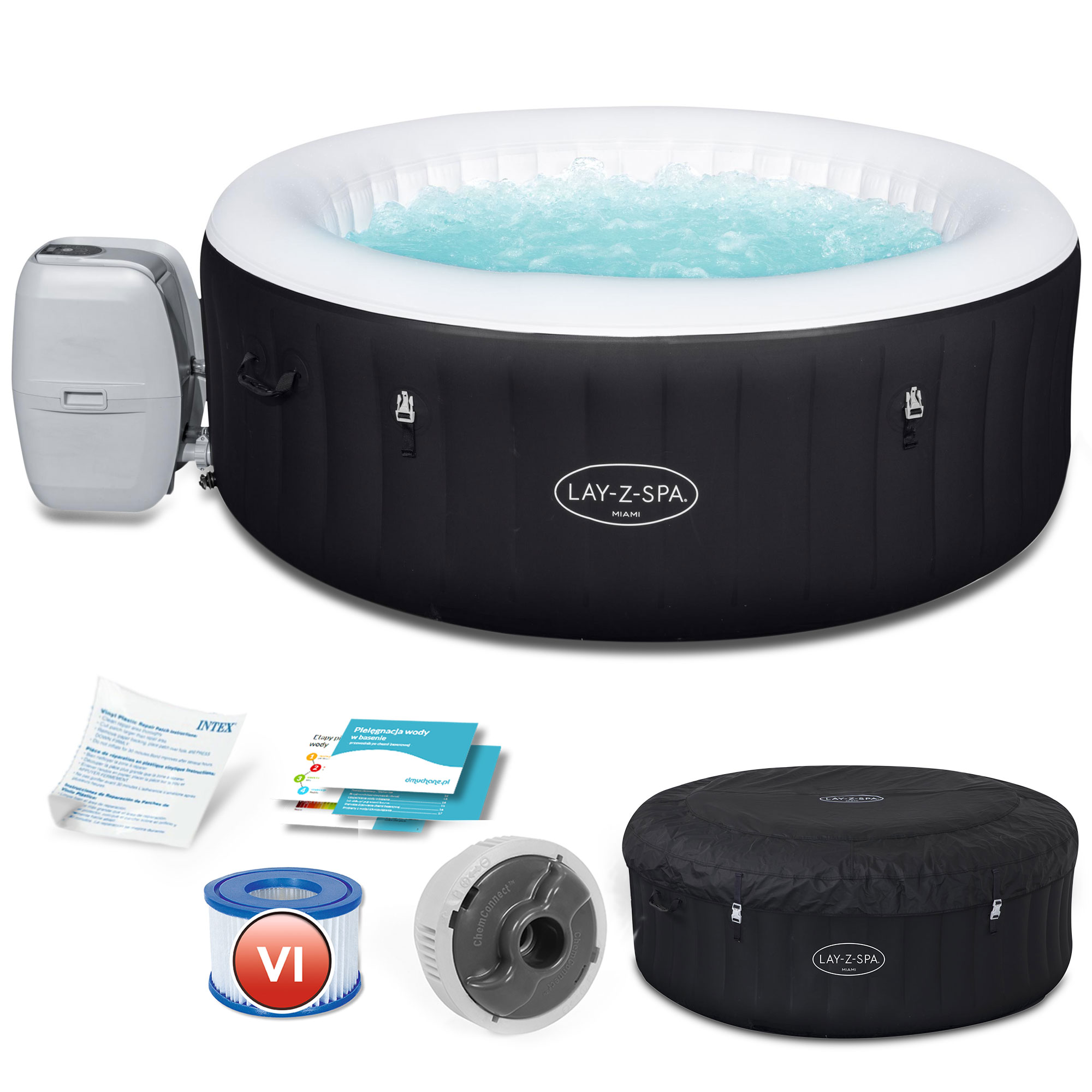 Vasca idromassaggio gonfiabile rotonda piena d'acqua e alcuni accessori. Nero e bianco con interno bianco.