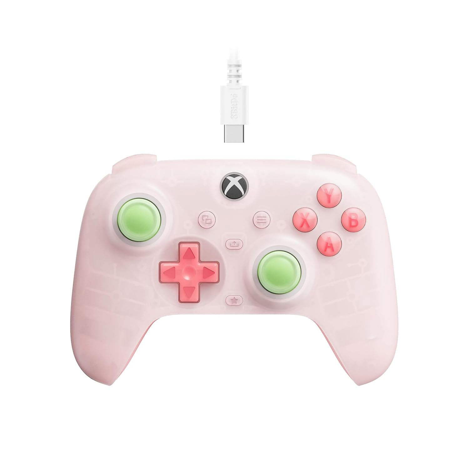 Controller Xbox rosa con pulsanti verdi. Ha un cavo di ricarica ed è bianco.