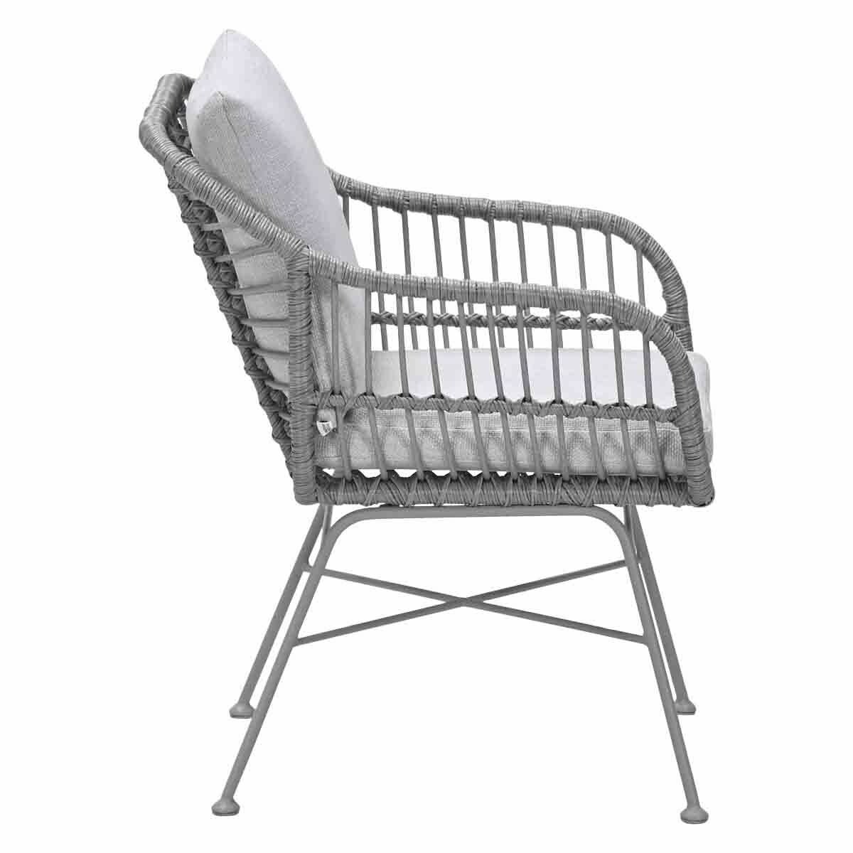 Gray woven chair with cushion. It has metal legs and is on a white background.