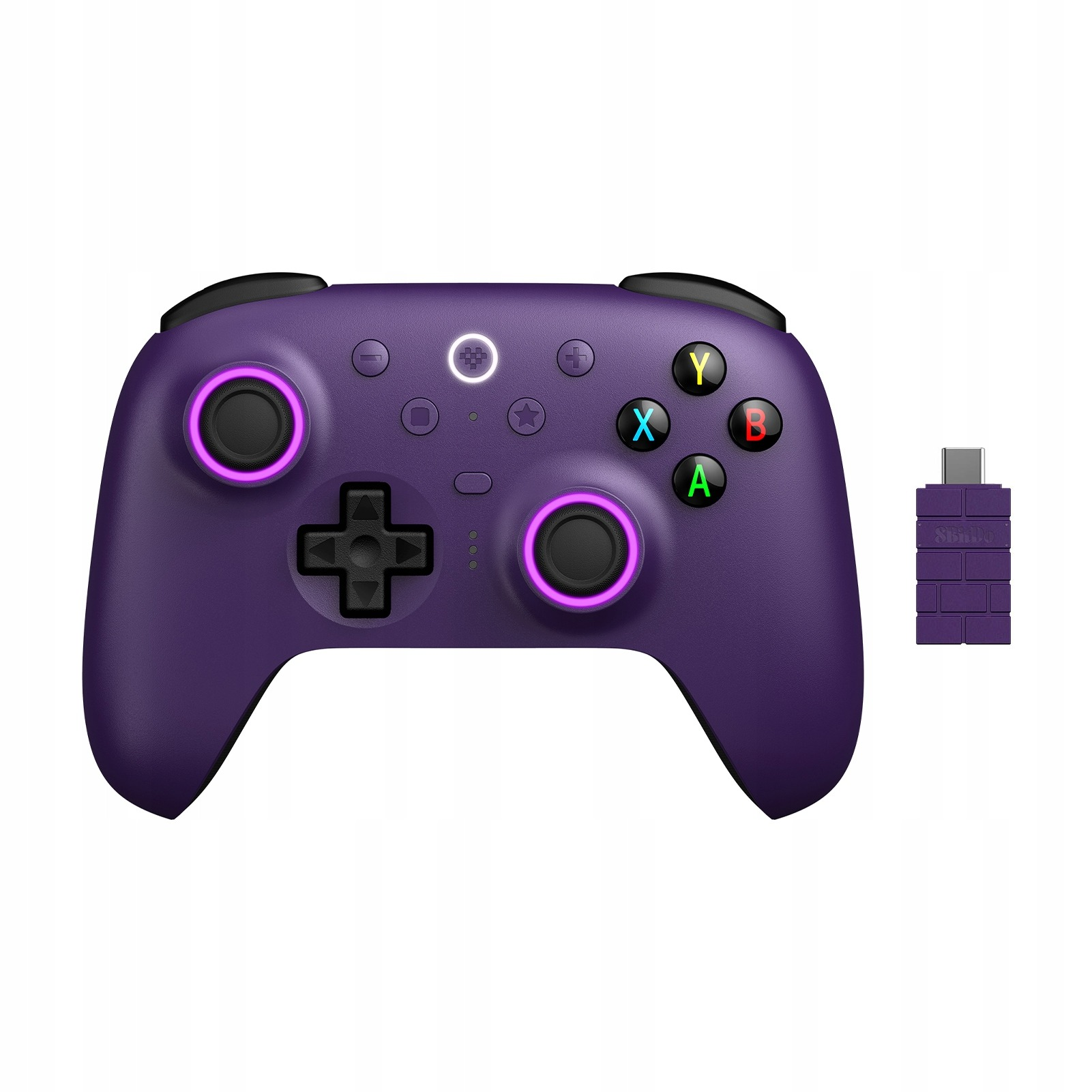 Fioletowy gamepad z czarnymi akcentami i kluczem USB-C. Kolorowe przyciski to Y, X, B, A.