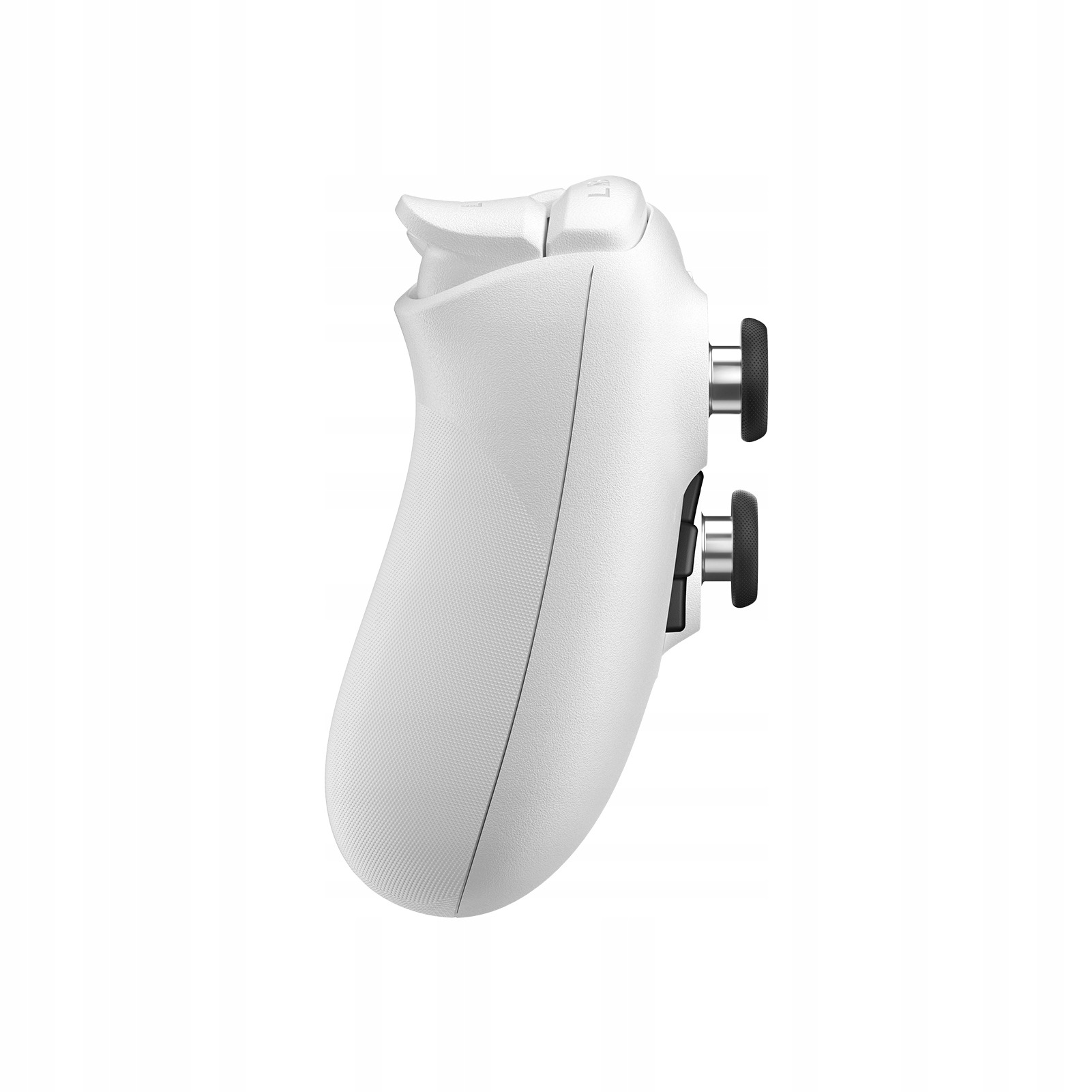 Biały kontroler do gier, widok z boku. Dwa czarne joysticki. Białe tło.