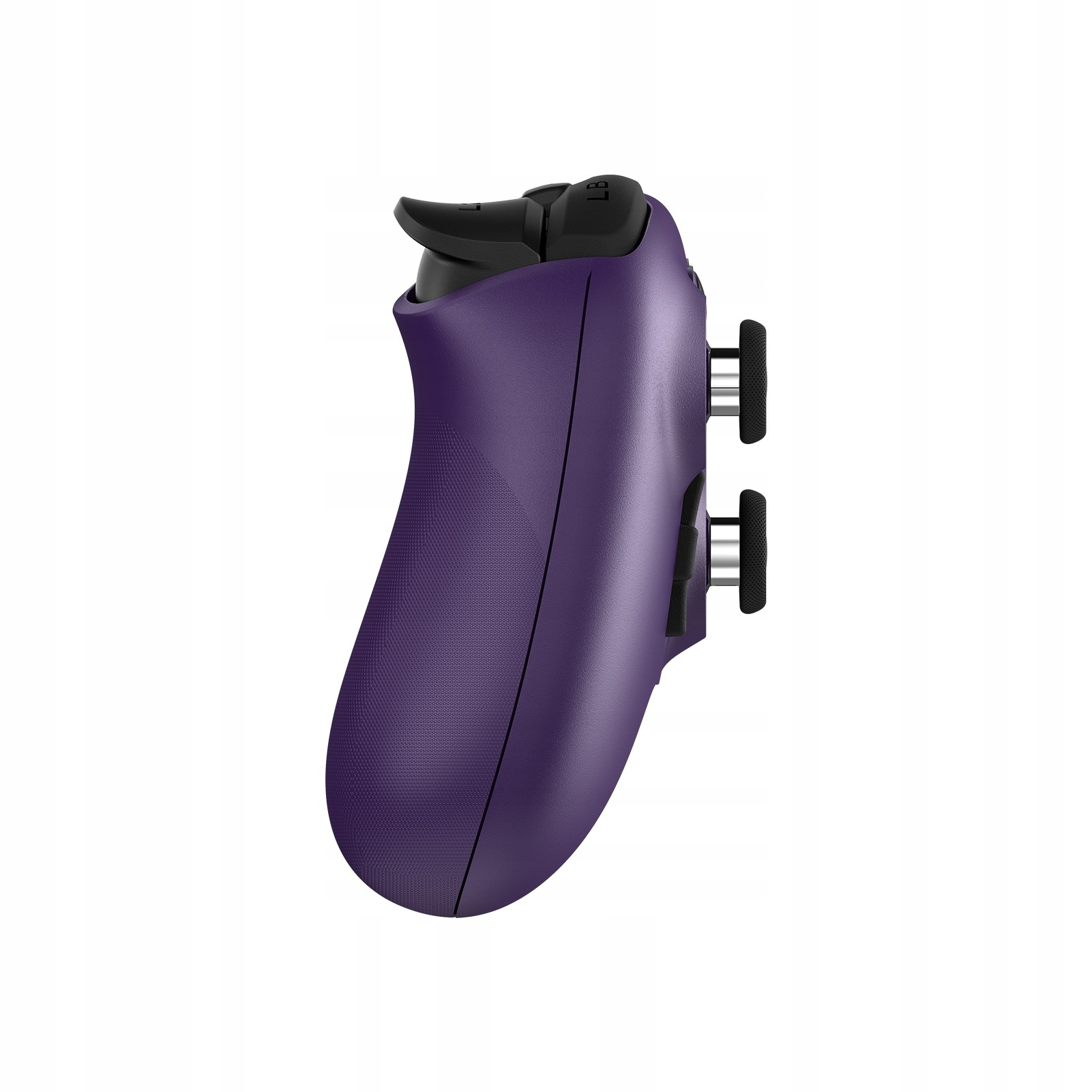 Widok z boku fioletowego gamepada z czarnymi przyciskami. Kontroler jest odizolowany na białym tle.