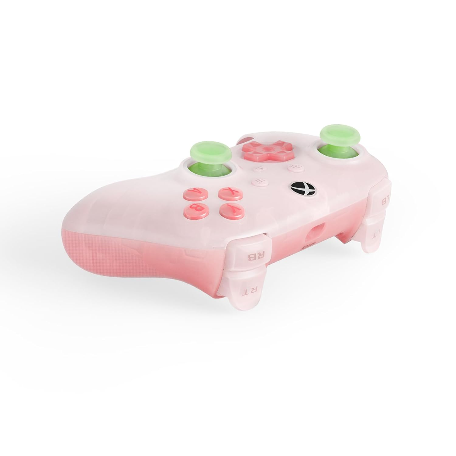 Gamepad rosa con levette verdi. I pulsanti includono RB, RT. Sfondo bianco.