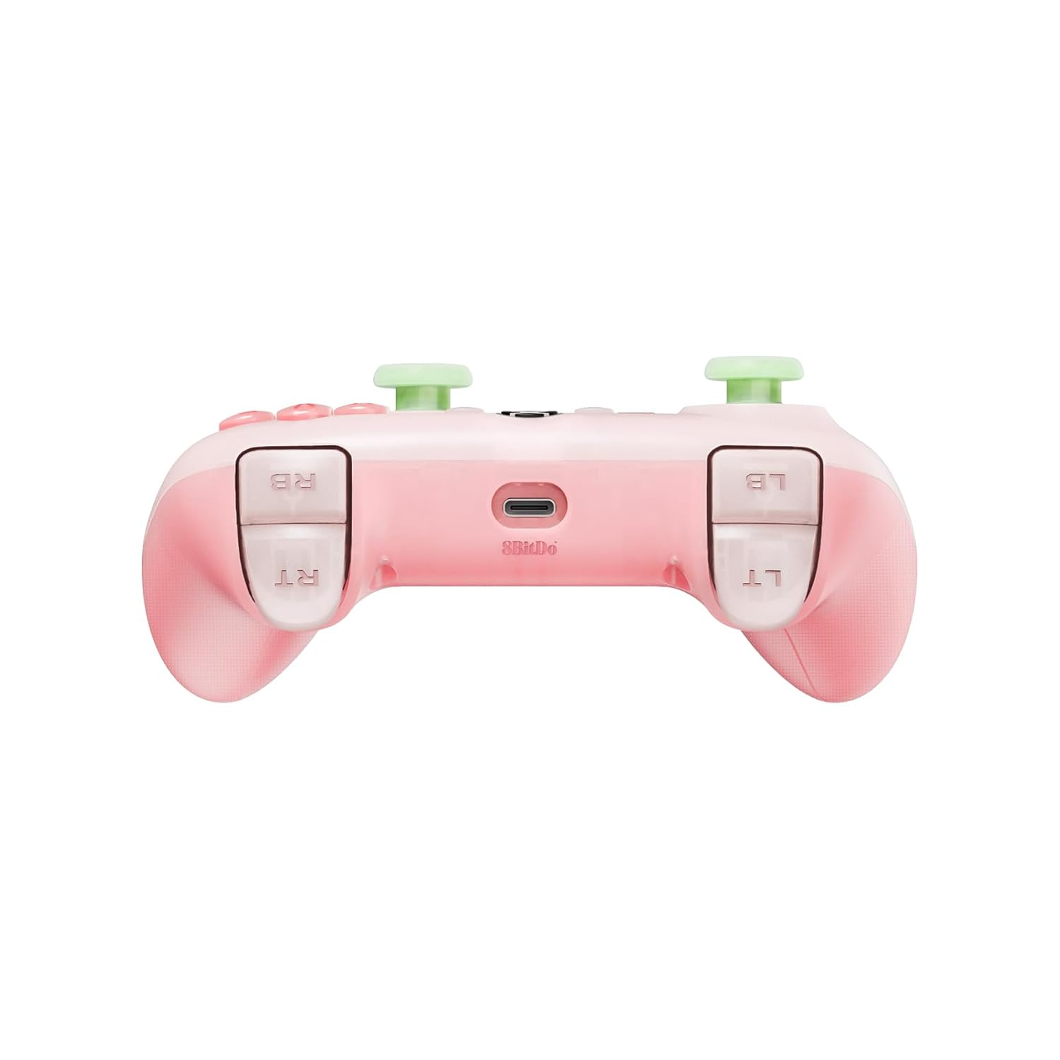 Gamepad rosa con pulsanti verdi. Il controller ha una porta USB-C. Isolato su sfondo bianco.