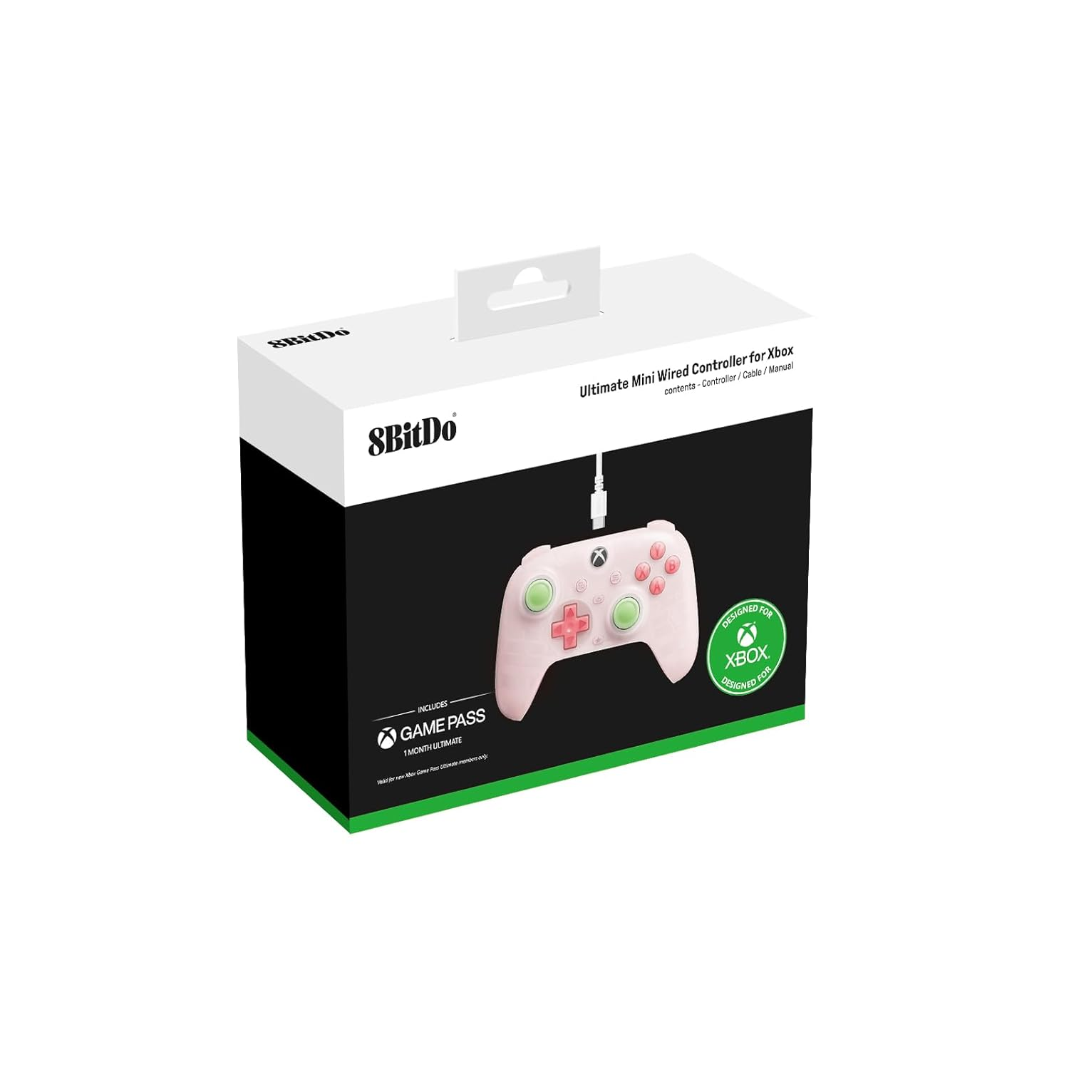 Scatola con controller rosa e testo Game Pass. Include il logo Xbox. La scatola è su sfondo bianco.