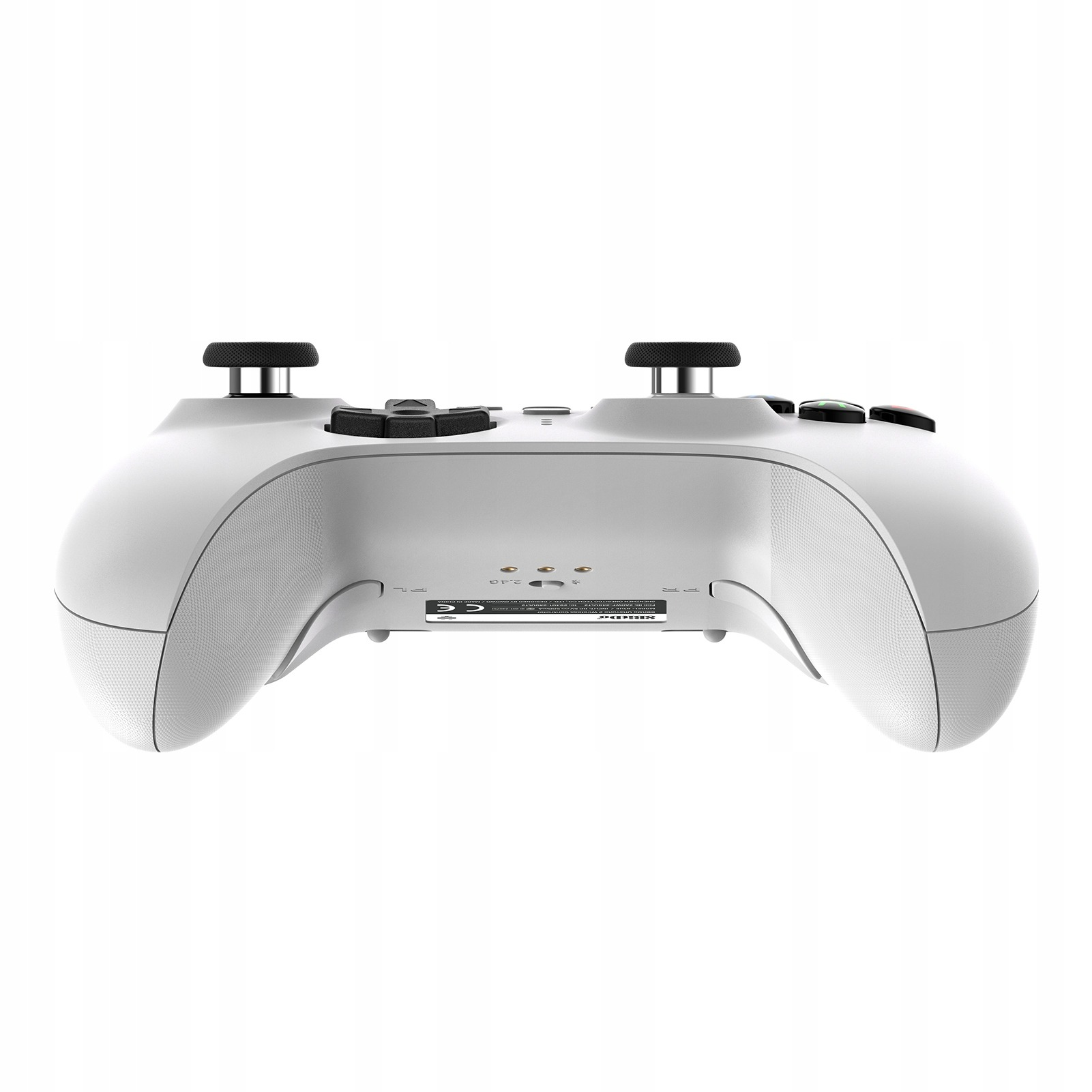 Biały kontroler do gier, widok z góry. Dwa czarne joysticki, różne przyciski. Białe tło.