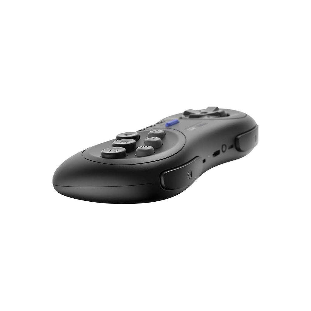 Manette noire avec boutons en haut et vue latérale montrant un design incurvé.