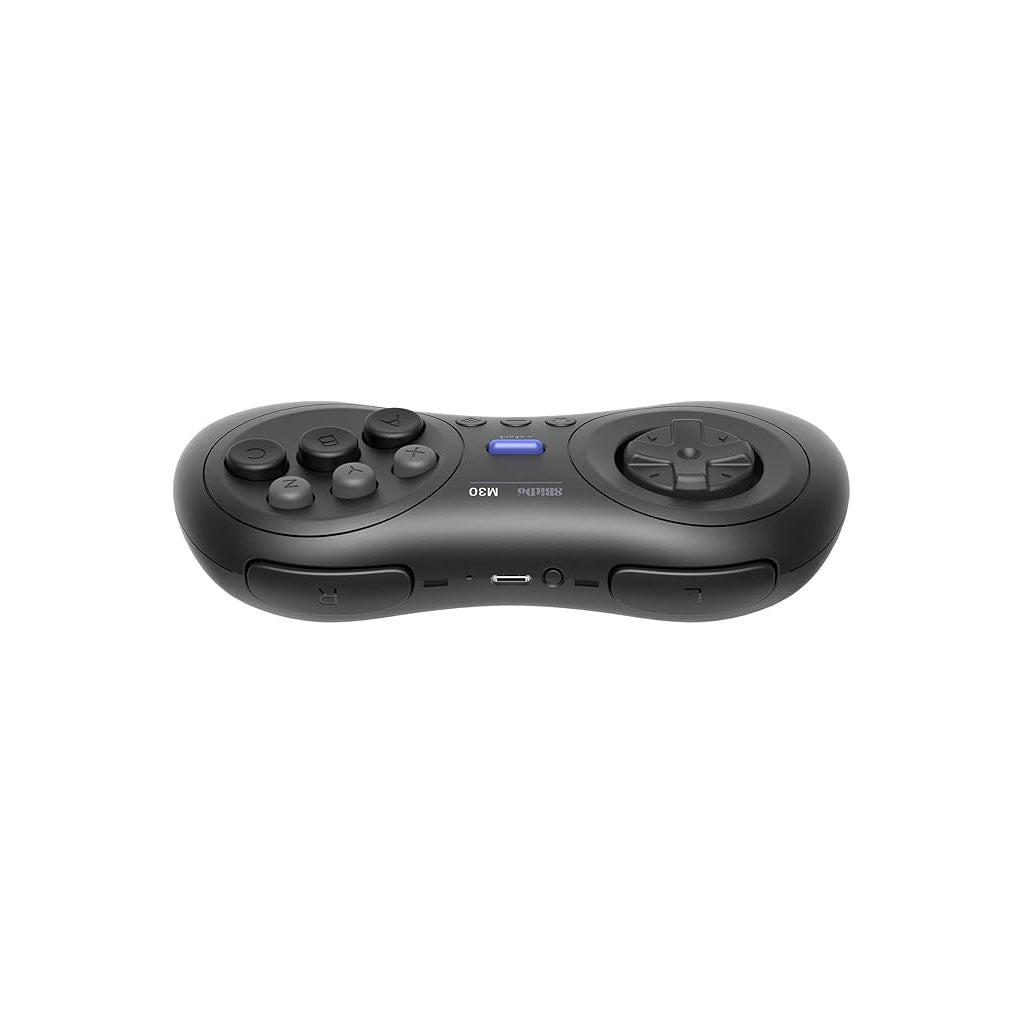 Manette noire avec boutons et joysticks sur fond blanc. Le modèle est 8BitDo M30.
