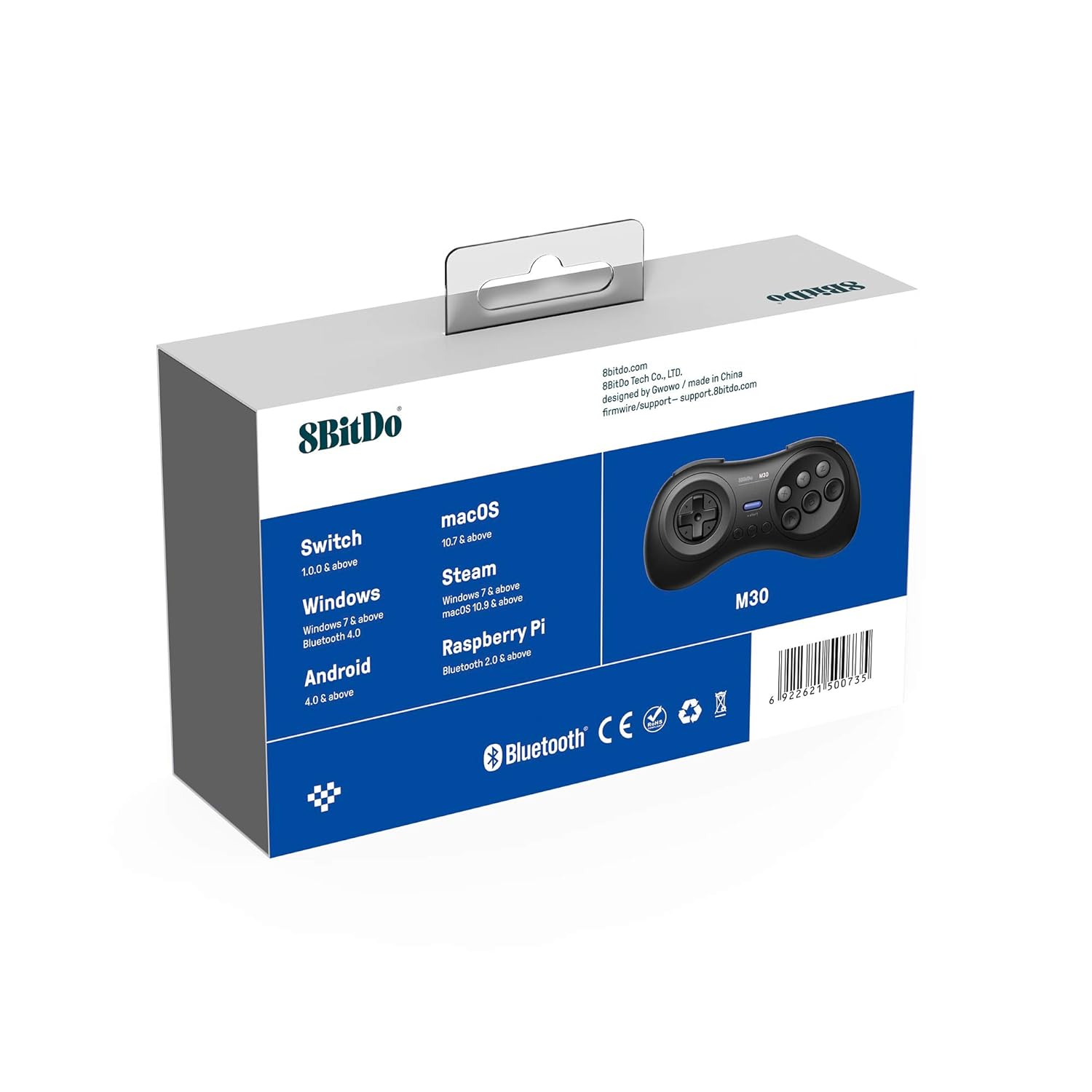 Dos d'une boîte de manette de jeu avec informations sur le produit et détails de compatibilité de la manette.
