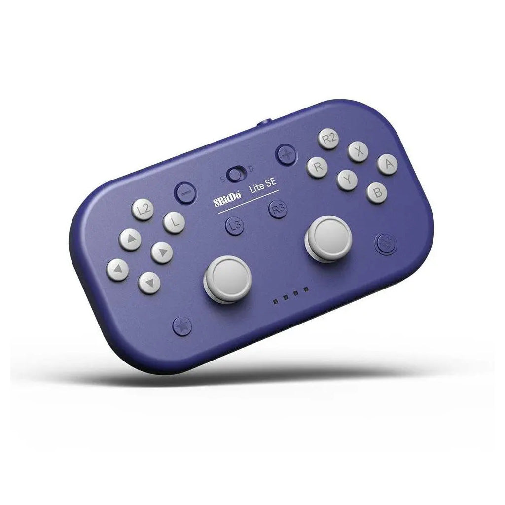 Un gamepad viola con pulsanti bianchi. Ha un D-pad e due joystick. È un modello Lite SE.