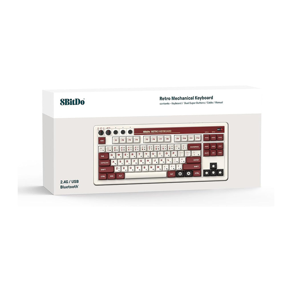 Klawiatura w pudełku o retro designie i napisem '8BitDo RETRO KEYBOARD'.