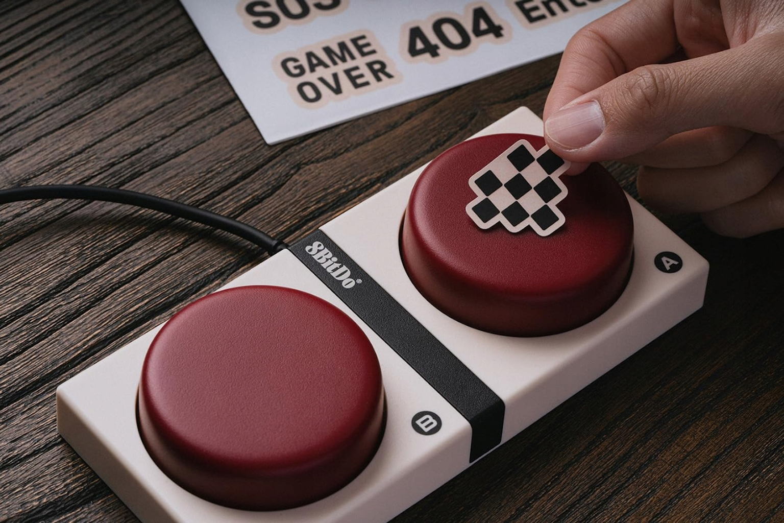 Osoba umieszcza naklejkę szachownicy na kontrolerze z dwoma czerwonymi przyciskami. Widoczne słowa 'GAME OVER'.