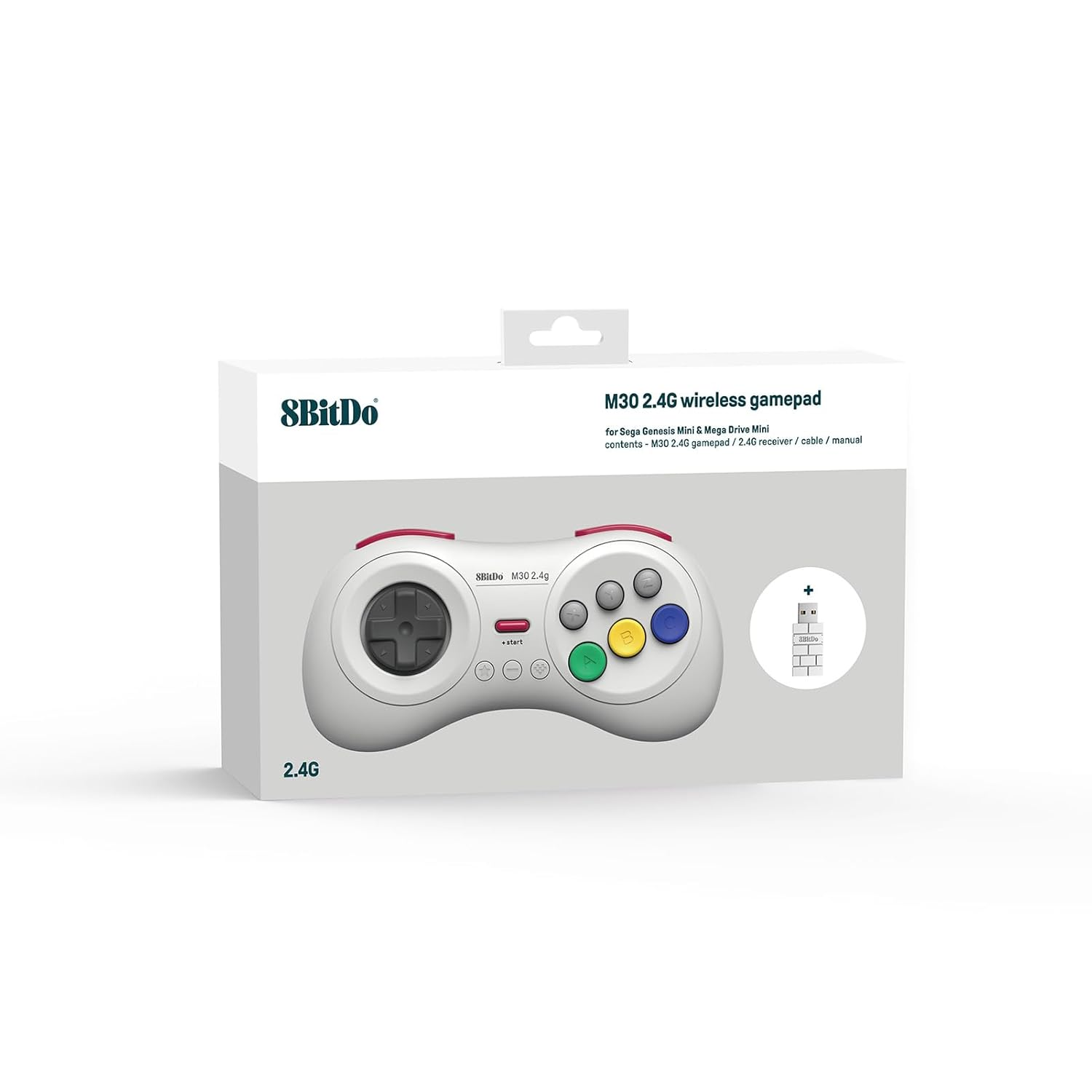 Una scatola con un controller di gioco all'interno, con un ricevitore USB, su sfondo bianco.