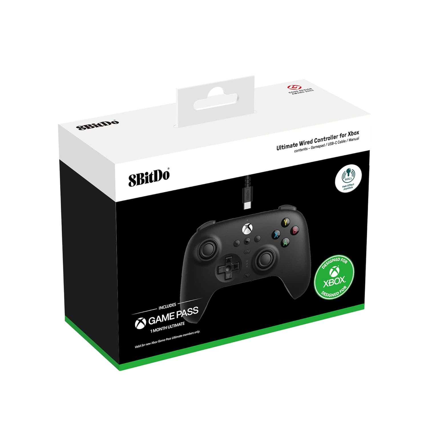 Czarny kontroler jest zapakowany w pudełko z napisem "Ultimate Wired Controller for Xbox".