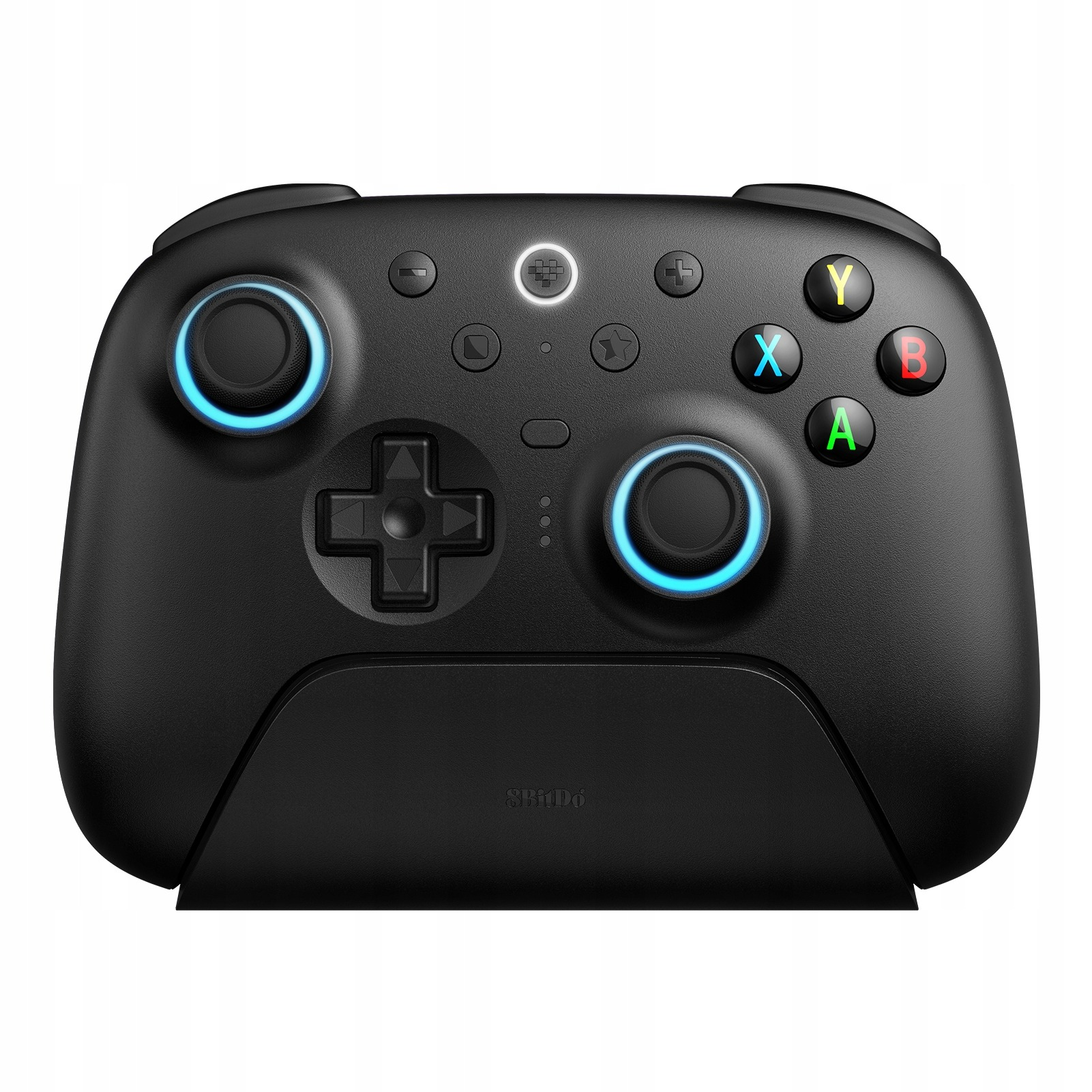 Gamepad nero con pulsanti e base di ricarica, con luci blu.