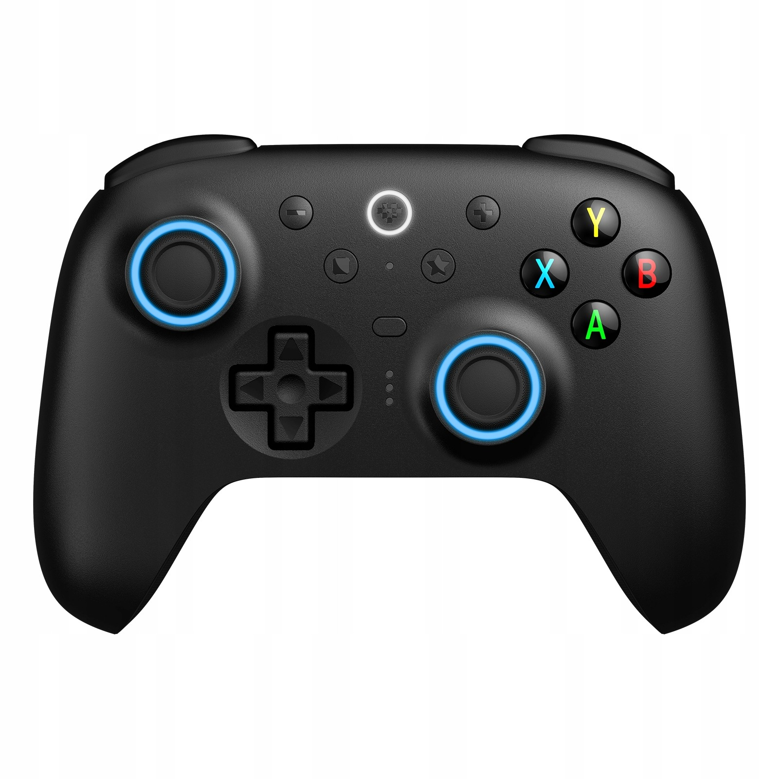 Controller nero con anelli blu attorno ai joystick. Ha pulsanti colorati e un D-pad.