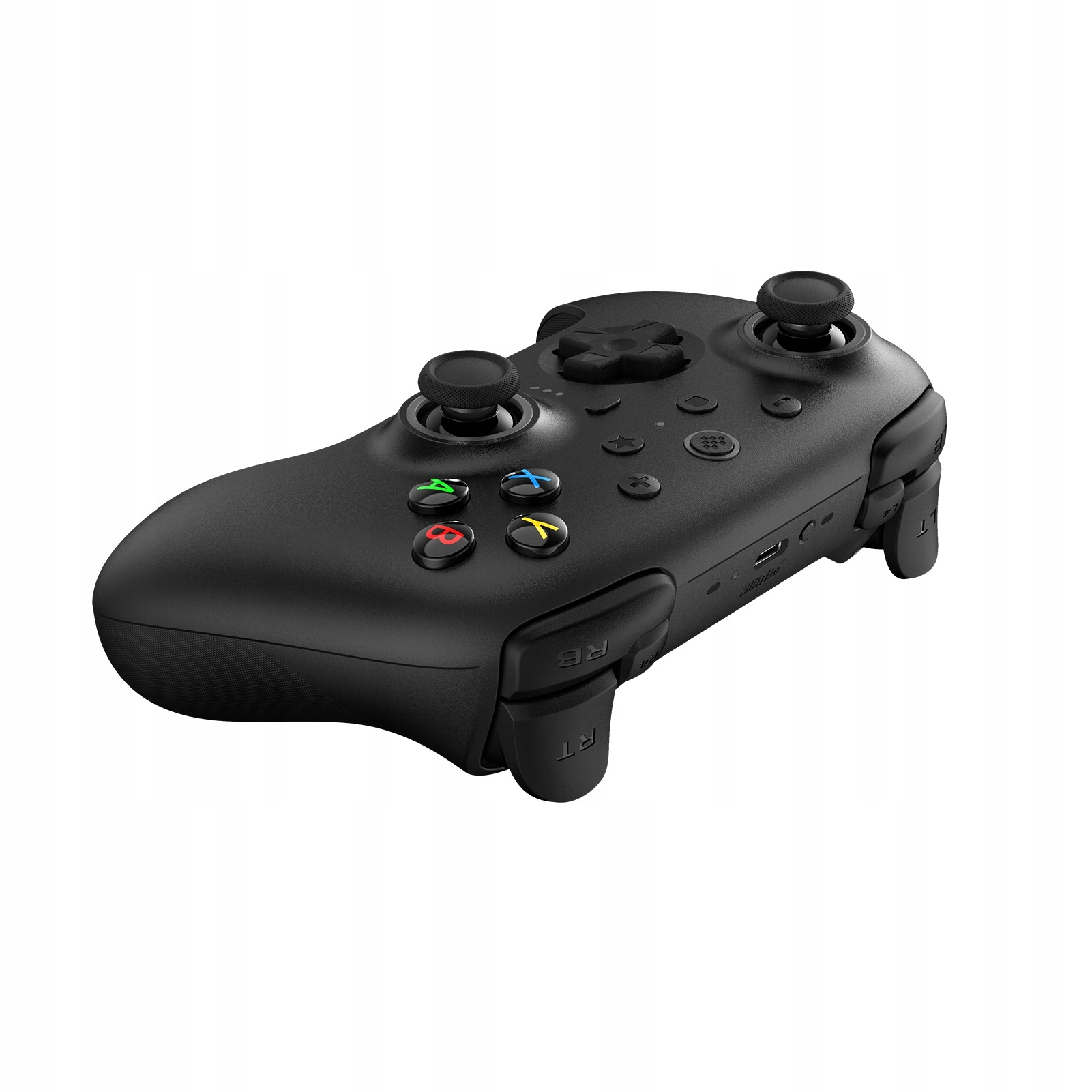 Gamepad nero con pulsanti, inclusi un D-pad e levette analogiche.