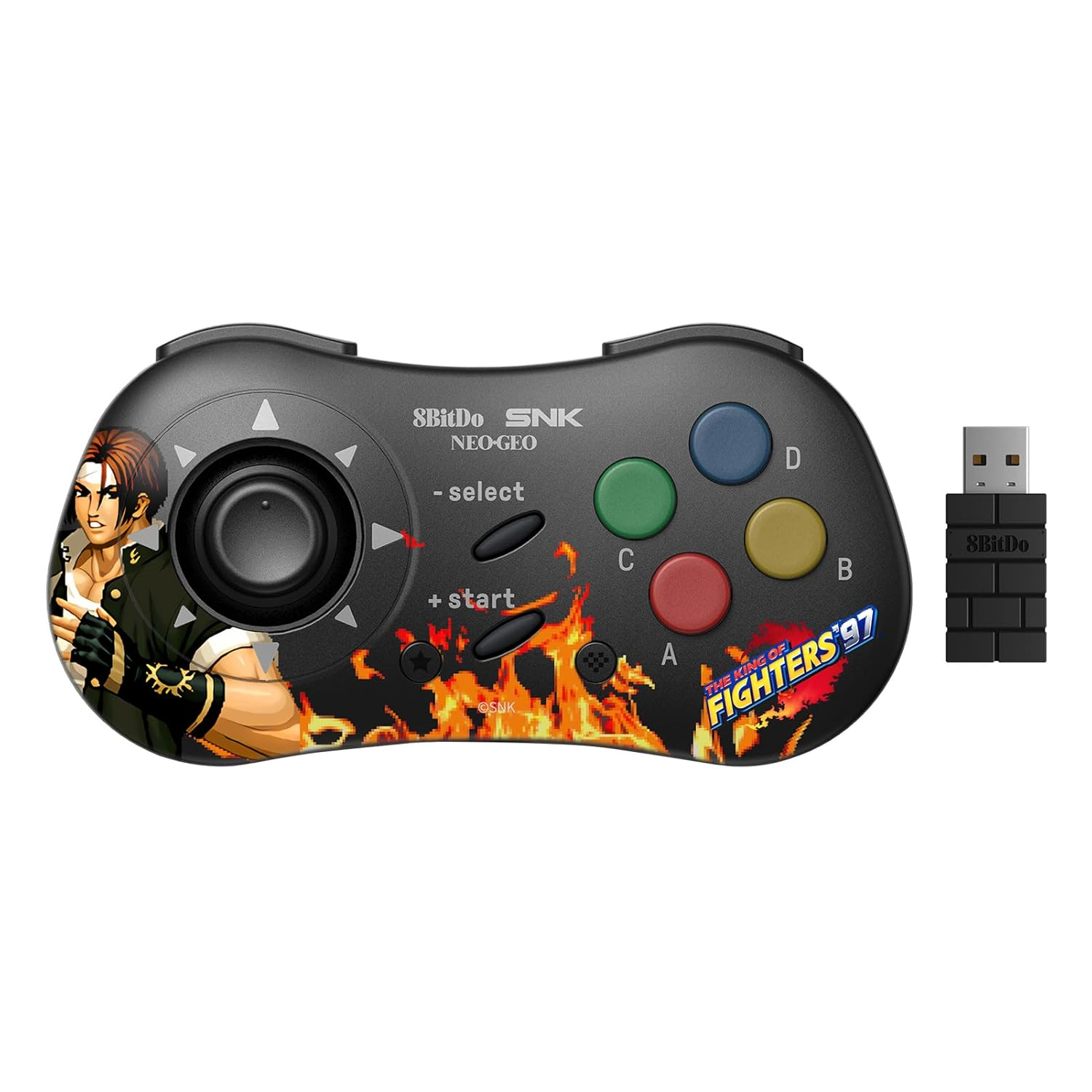 Czarny gamepad z designem, D-padem, przyciskami i odbiornikiem.