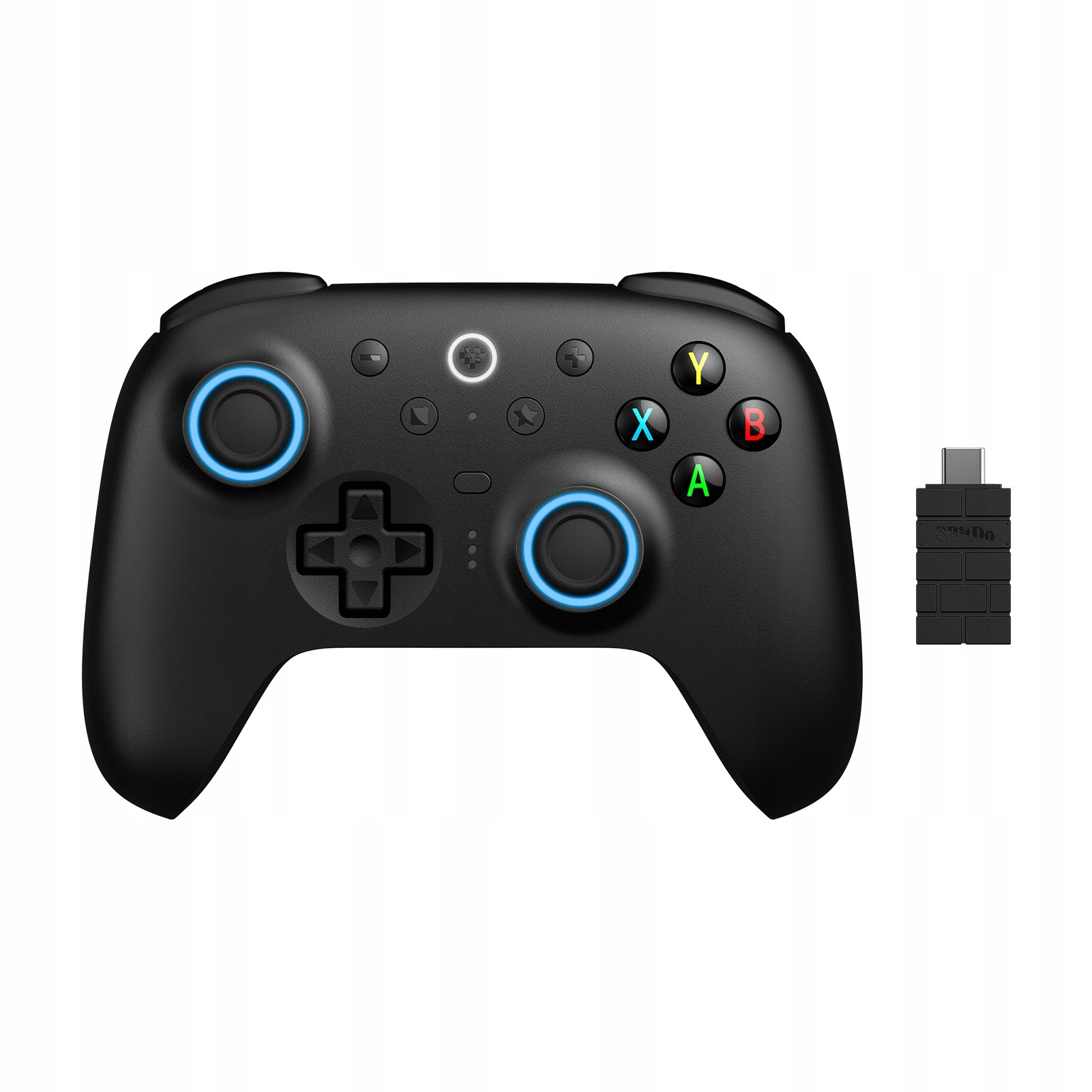 Gamepad nero con pulsanti, ricevitore e levette analogiche illuminate di blu.
