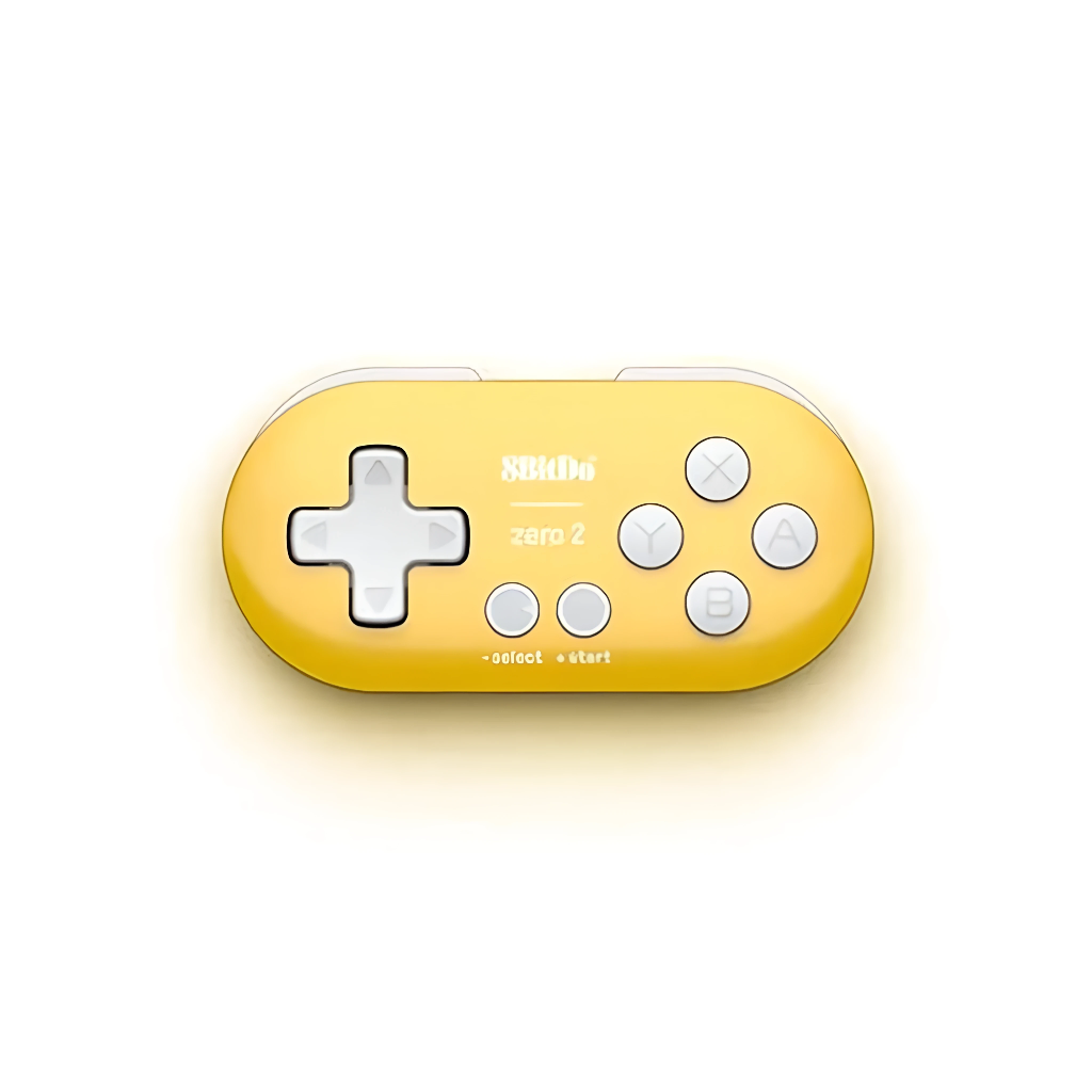 Żółty kontroler do gier retro z białymi przyciskami i białym padem kierunkowym. Tło jest białe.
