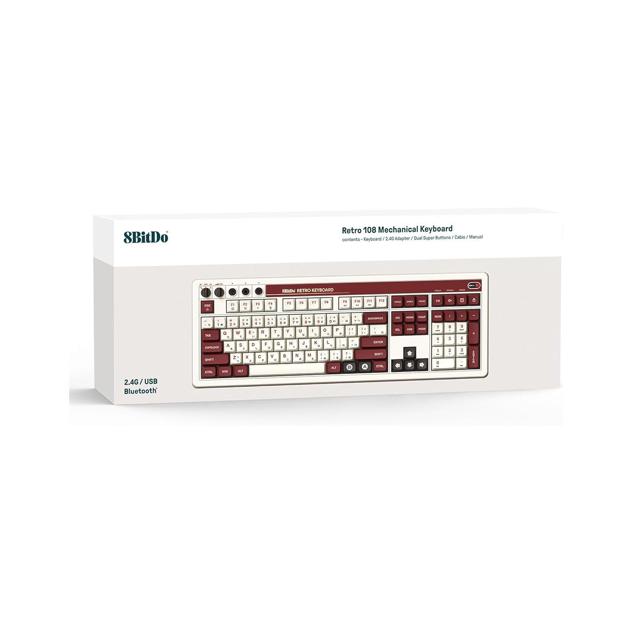Pudełko na Retro Mechanical Keyboard, białe z klawiaturą wyświetlaną z przodu.