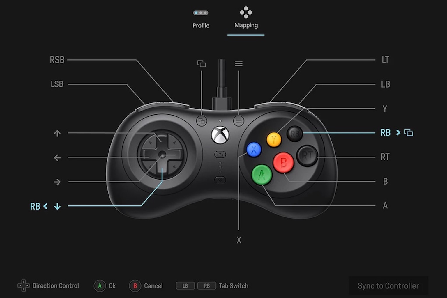 Controller Xbox nero con etichette dei pulsanti. La funzione di mappatura è evidenziata.