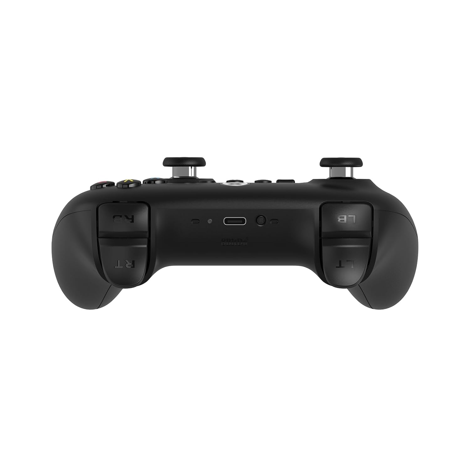 Controller nero visto da dietro, con due joystick e pulsanti. Sfondo bianco.