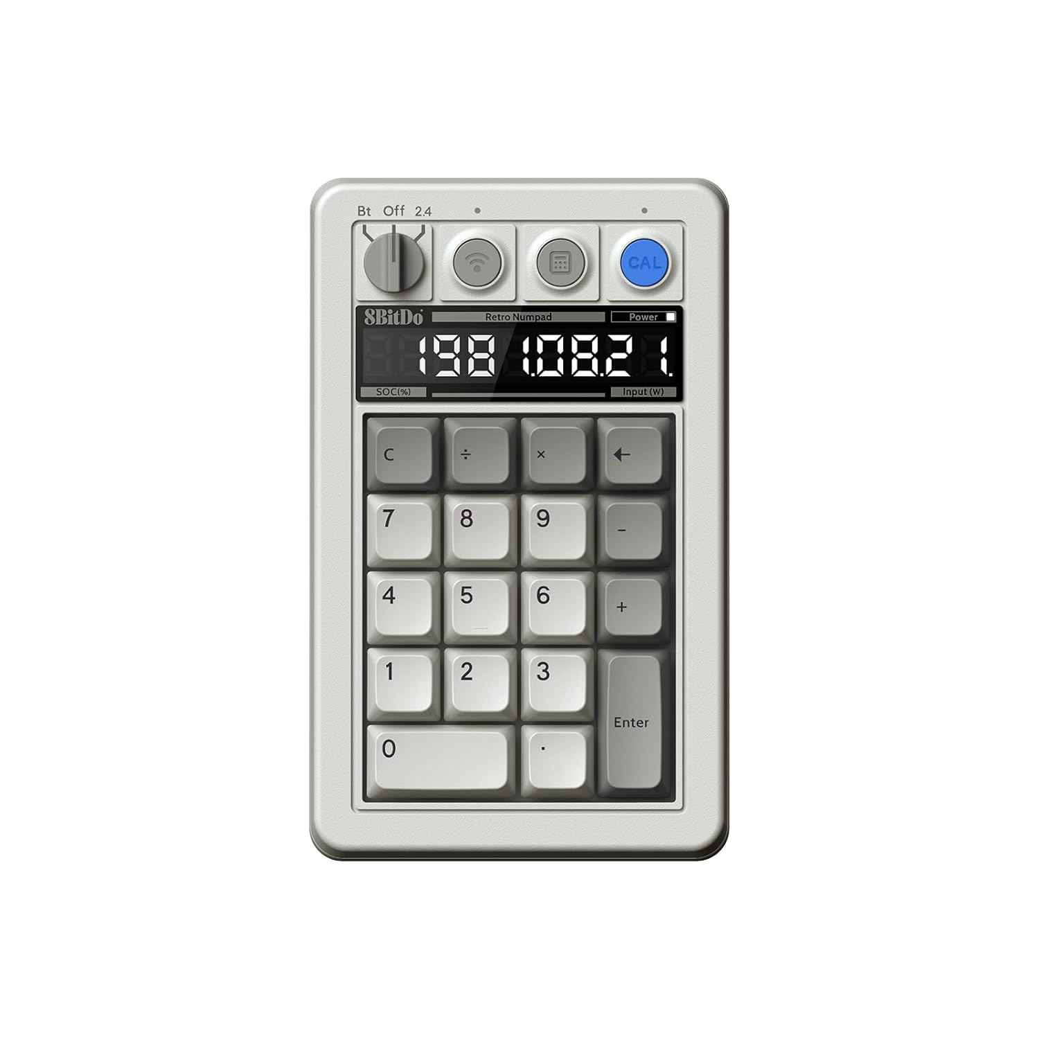Un tastierino numerico per calcolatrice in stile retrò con display digitale mostra numeri su sfondo bianco.