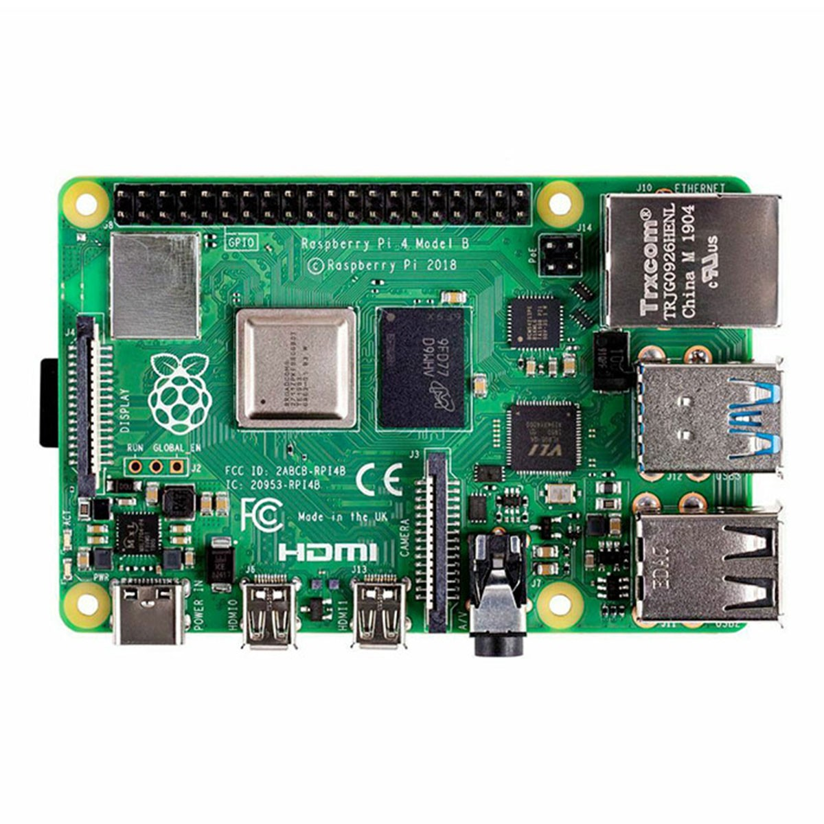 Un primo piano di una scheda Raspberry Pi 4 Modello B verde con vari componenti.