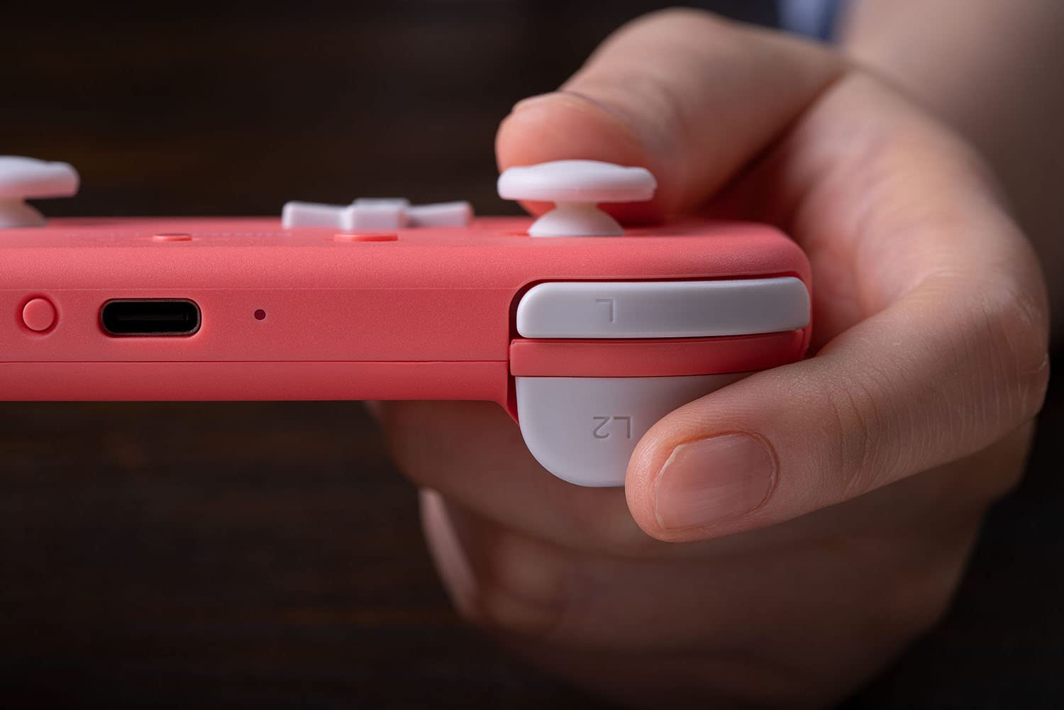 Una mano tiene in mano un controller rosa, mostrando il lato con i pulsanti L e L2. Lo sfondo è sfocato.