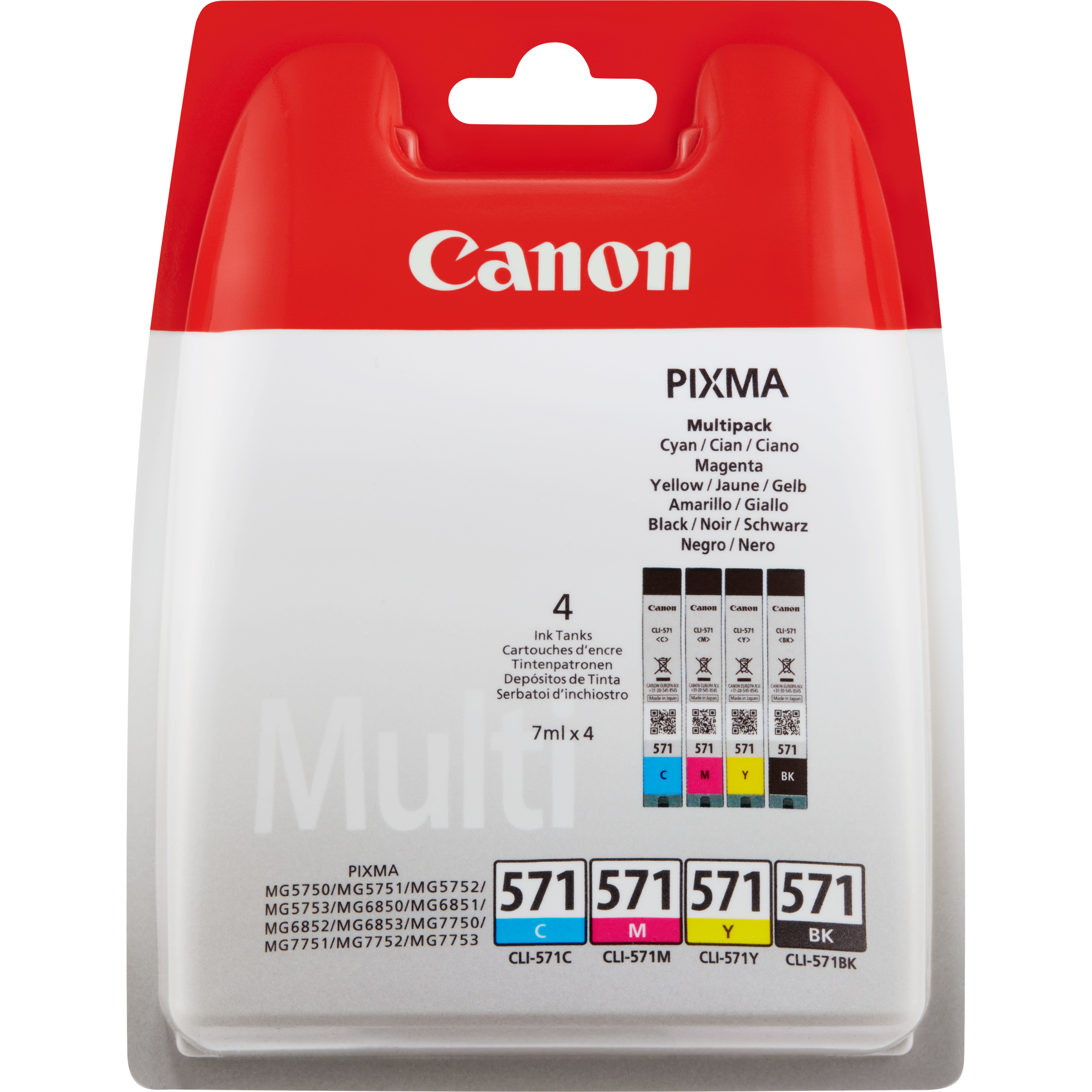 Canon PIXMA Tintenpatronenpackung mit vier Patronen. Die Packung ist weiß mit roter Oberseite. Farben: Cyan, Magenta, Gelb, Schwarz.