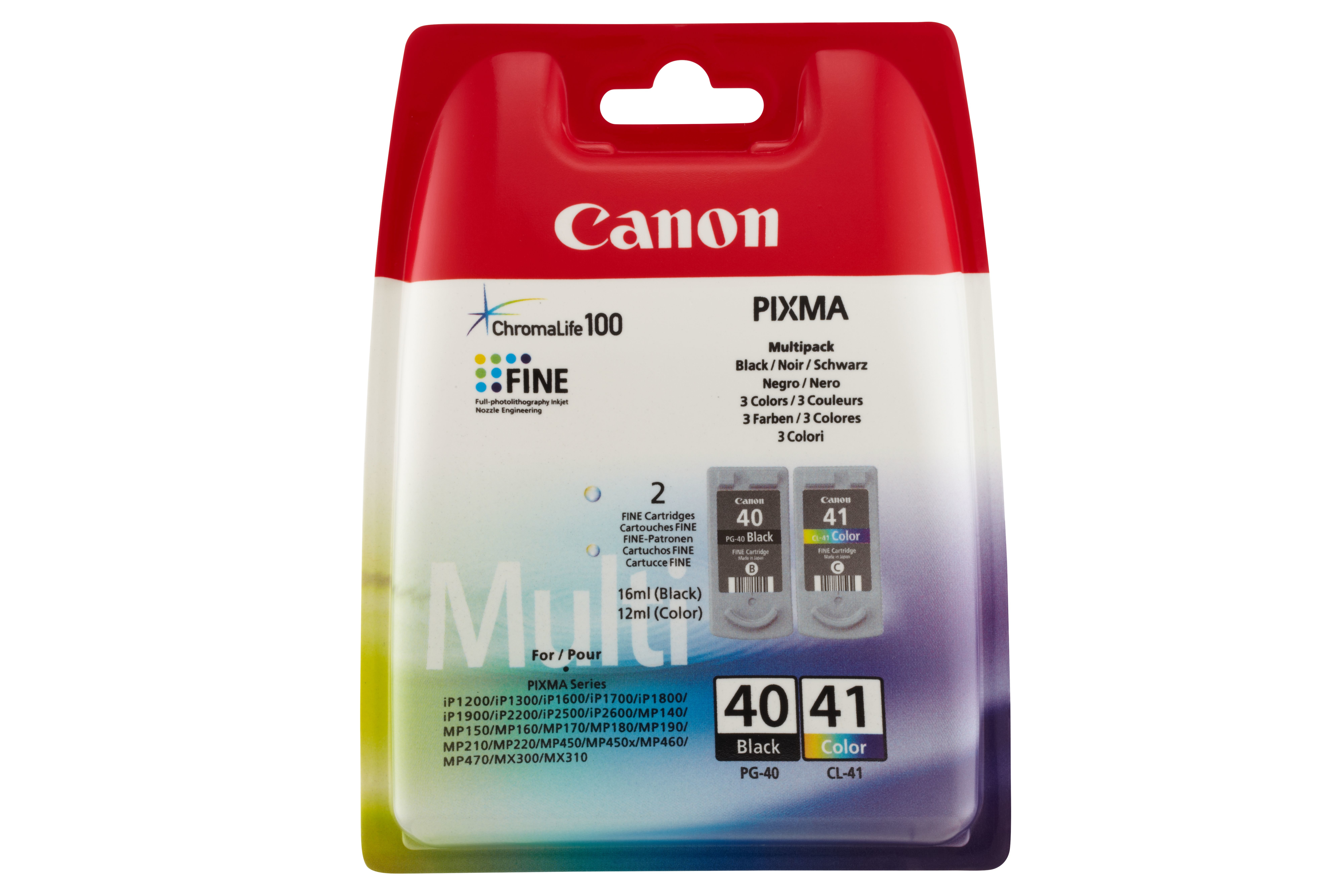 Eine Canon Tintenpatronenpackung mit zwei Patronen, die mit 40 und 41 beschriftet sind. Die Packung ist mit Multi, Schwarz und Farbe beschriftet.