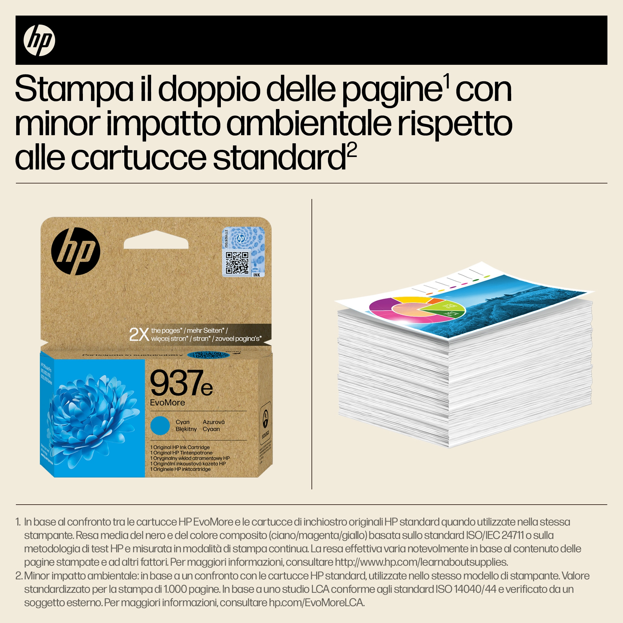 Cartuccia d'inchiostro HP e una pila di fogli, con testo in italiano.
