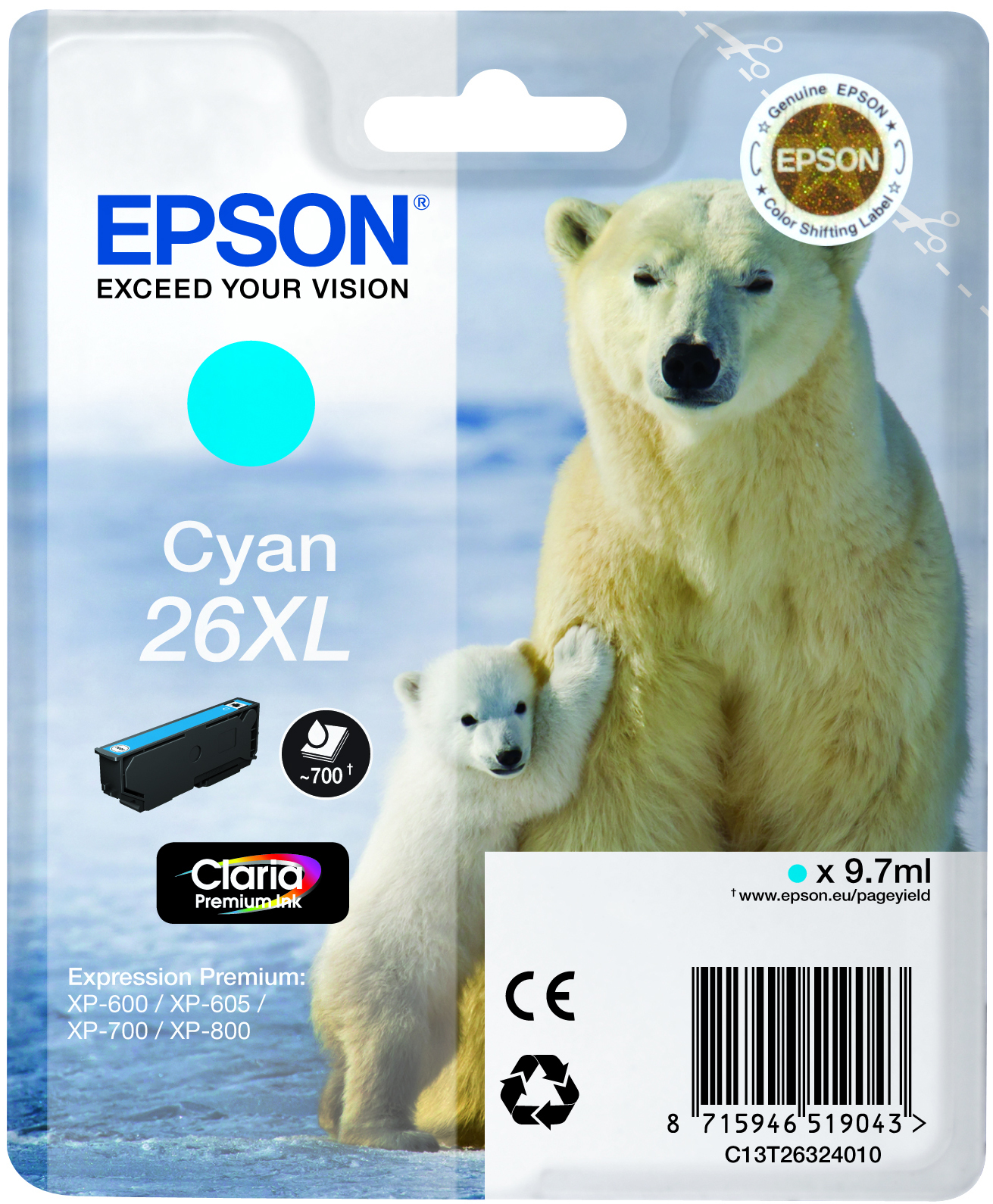 Cartucho de tinta cian Epson con imagen de oso polar y cachorro. El oso adulto toca al cachorro.