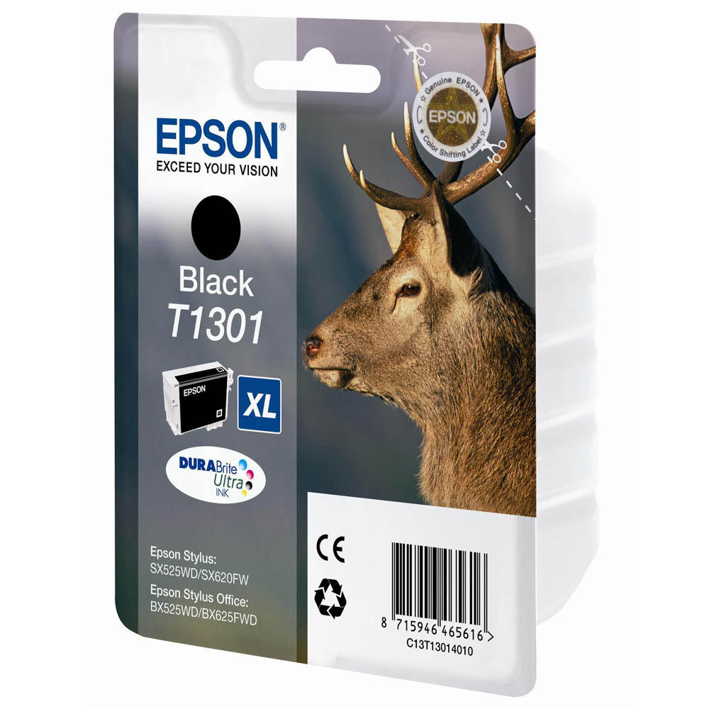 Epson Black T1301 Tintenpatronenpackung. Ein Hirschkopf ist auf der rechten Seite der Packung überlagert. Schwarze Tinte ist vorhanden.