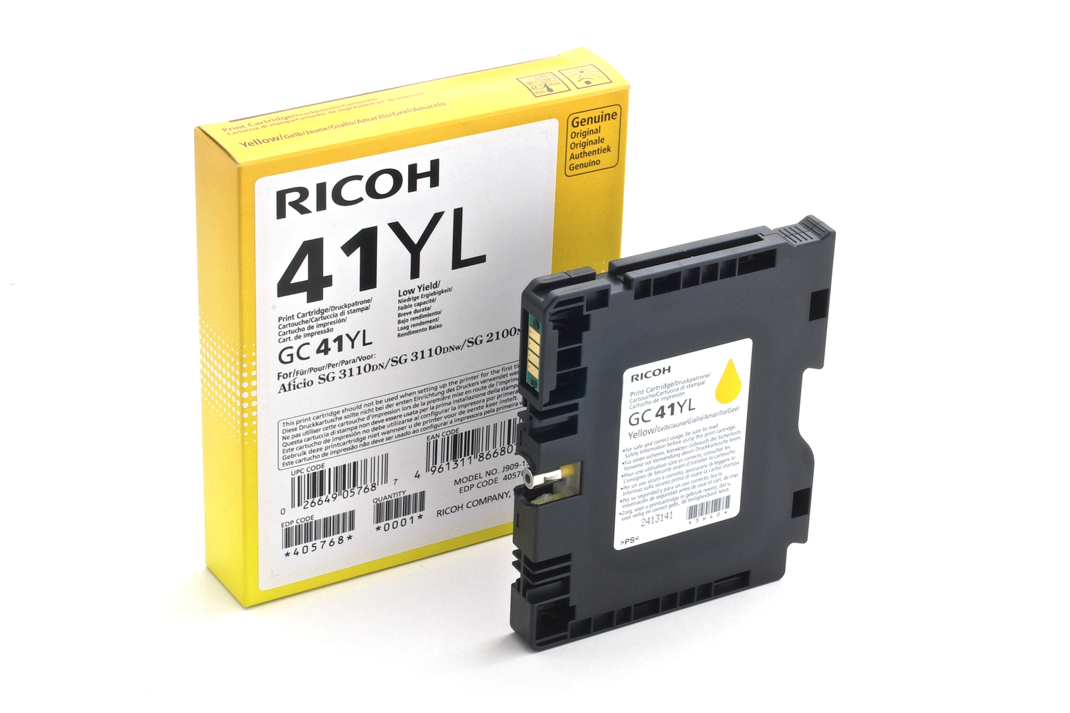 Een gele Ricoh inktcartridge en de doos liggen op een wit oppervlak. De doos zegt 41YL, met het Ricoh-logo.