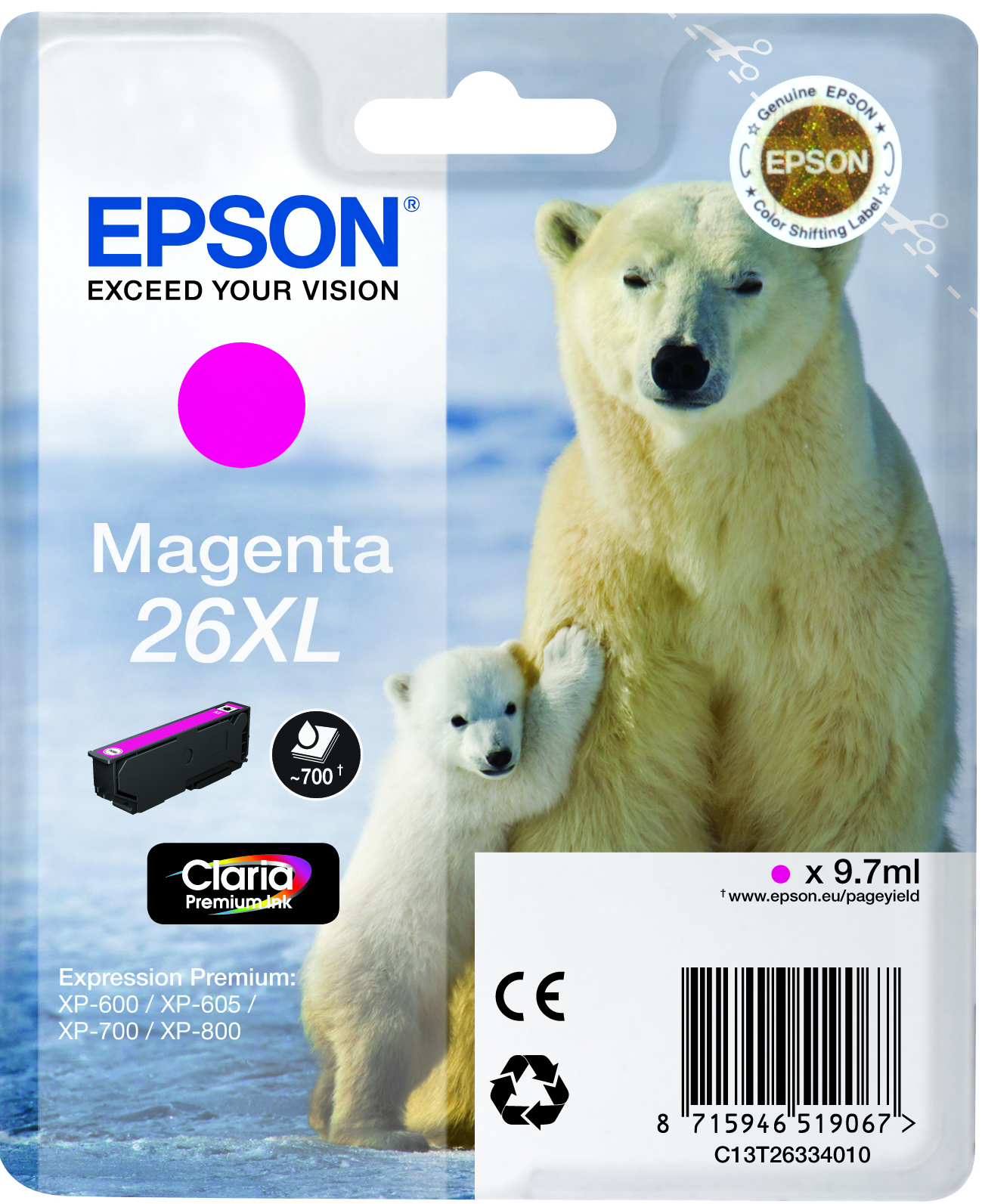 Cartuccia inchiostro magenta Epson con immagine di orso polare. Cucciolo accanto a un orso adulto.