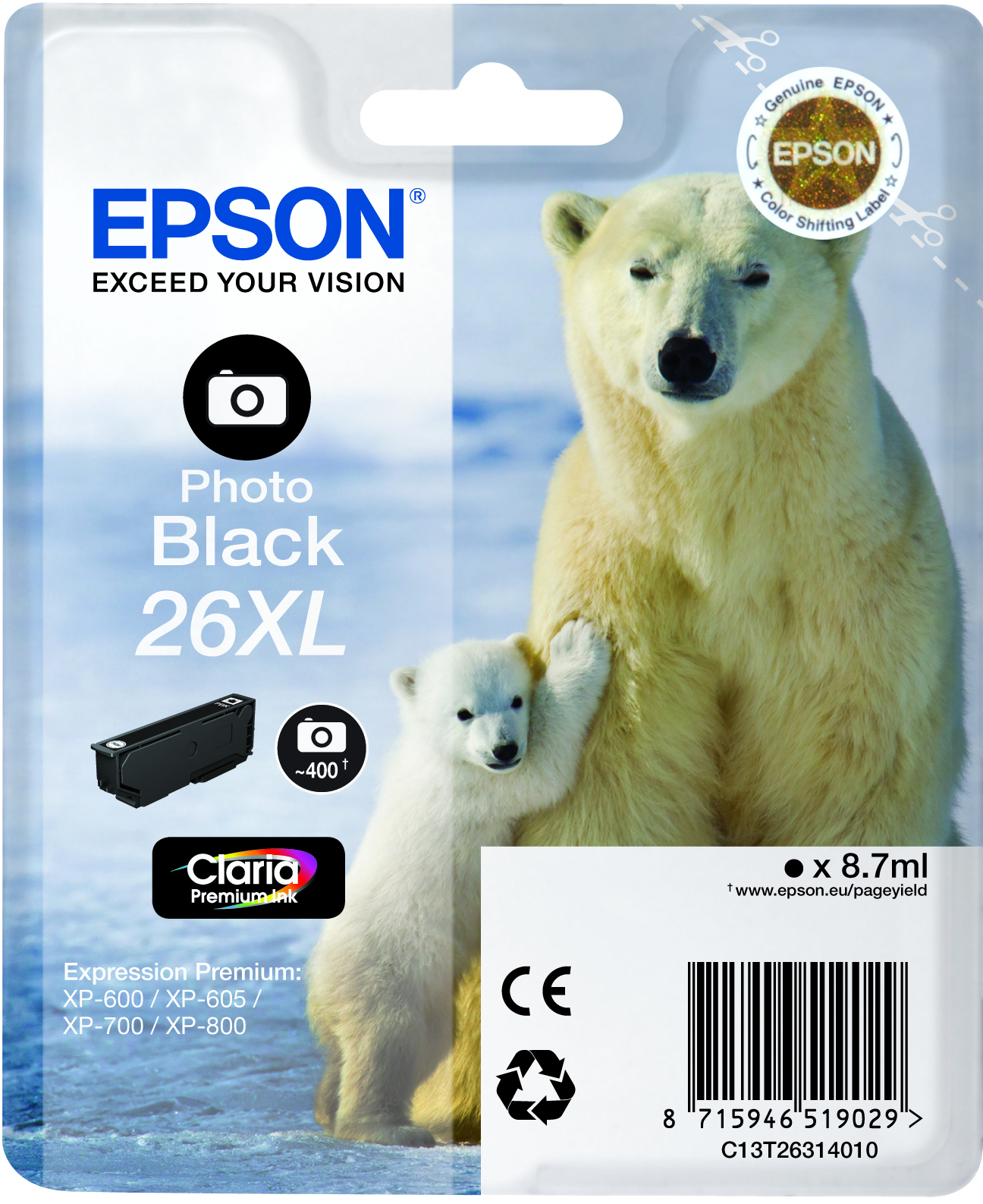 Un pacco di cartucce d'inchiostro Epson con l'immagine di un orso polare e del suo cucciolo. Dice 'Photo Black 26XL' e una cartuccia nera.