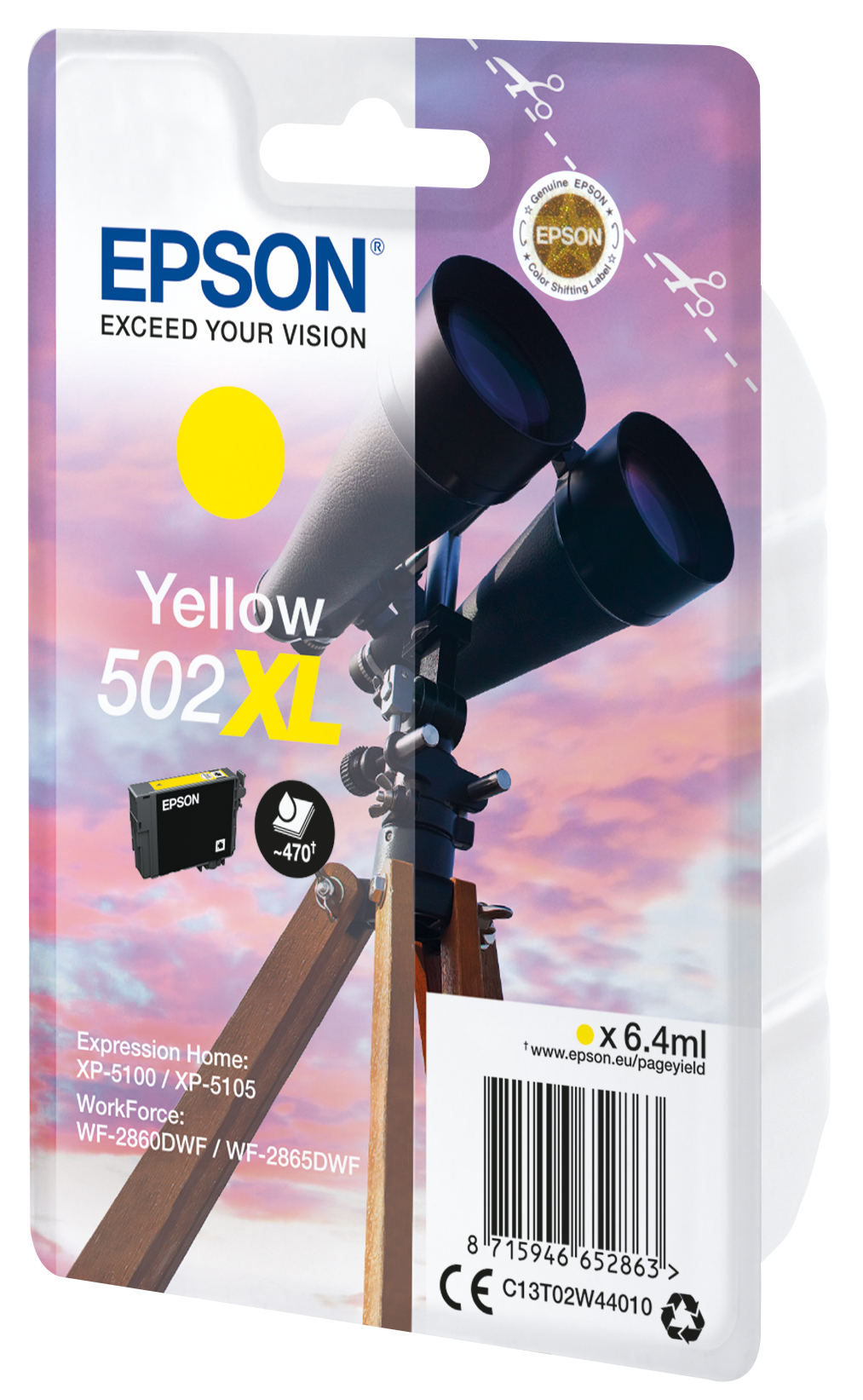 Opakowanie wkładu atramentowego Epson Yellow 502XL. Teleskop na tle nieba z wyciętą etykietą.